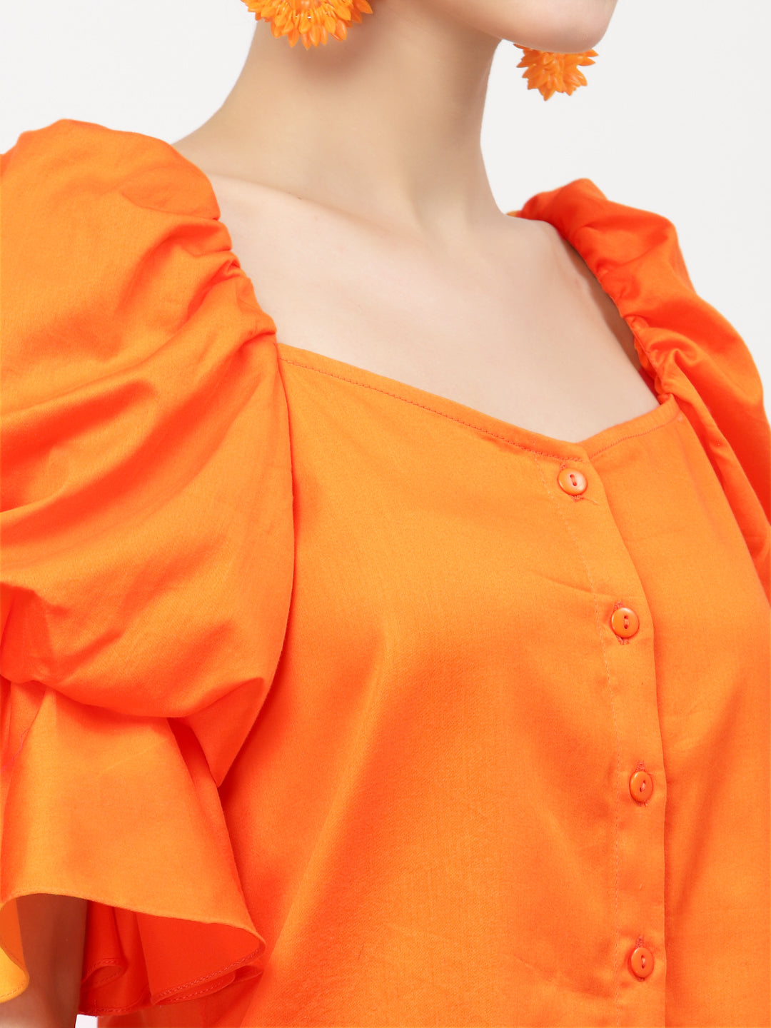 Orange Cotton Top With Puff Sleeves, tops for women, crop top, crop tops for women, organza tops