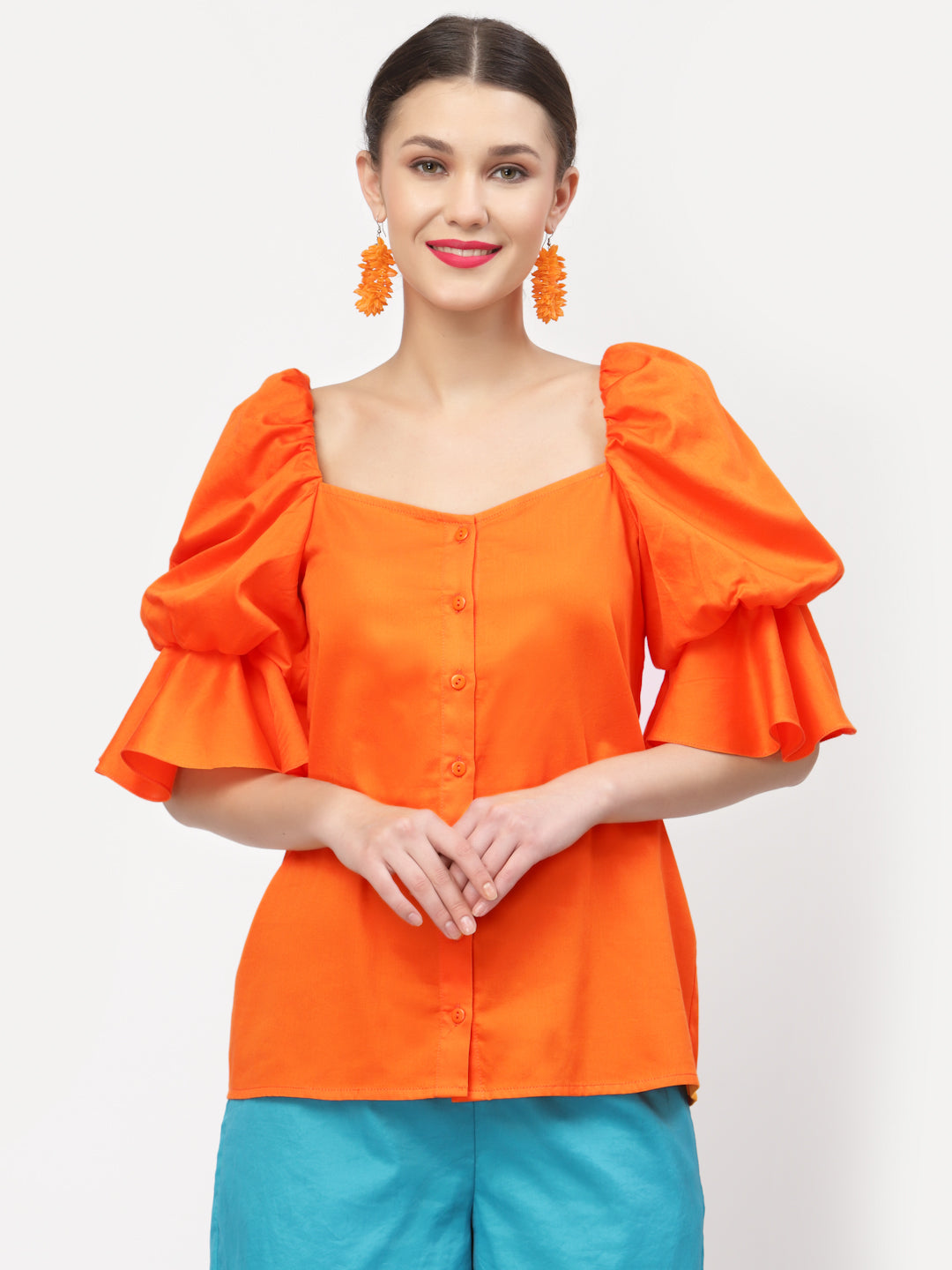 Orange Cotton Top With Puff Sleeves, tops for women, crop top, crop tops for women, organza tops