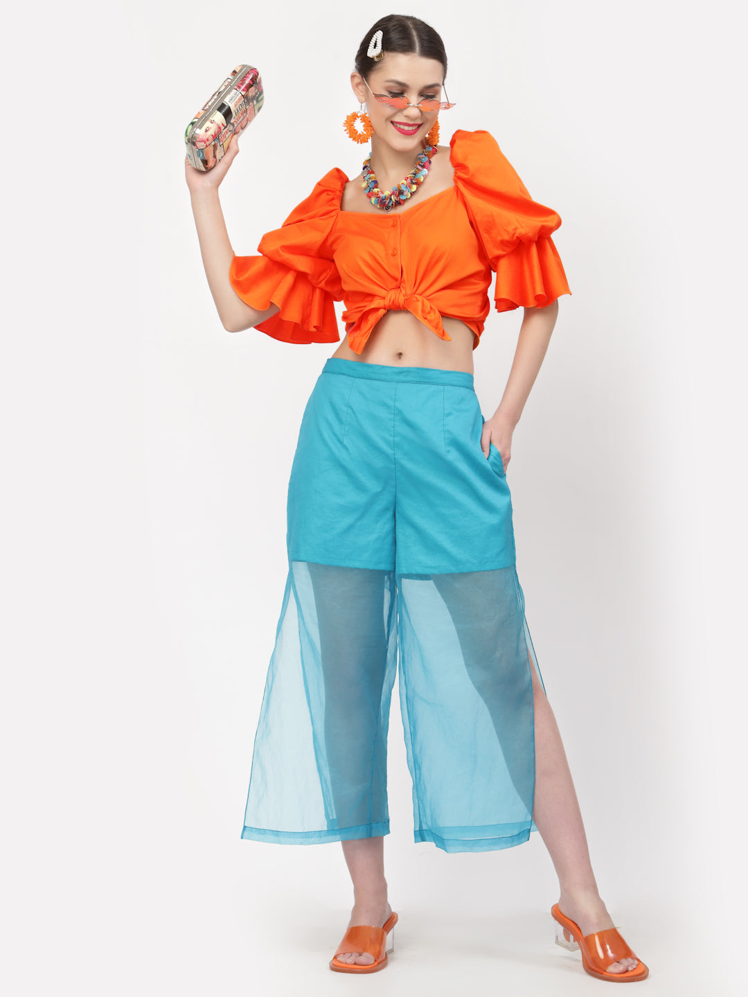 Orange Cotton Top With Puff Sleeves, tops for women, crop top, crop tops for women, organza tops