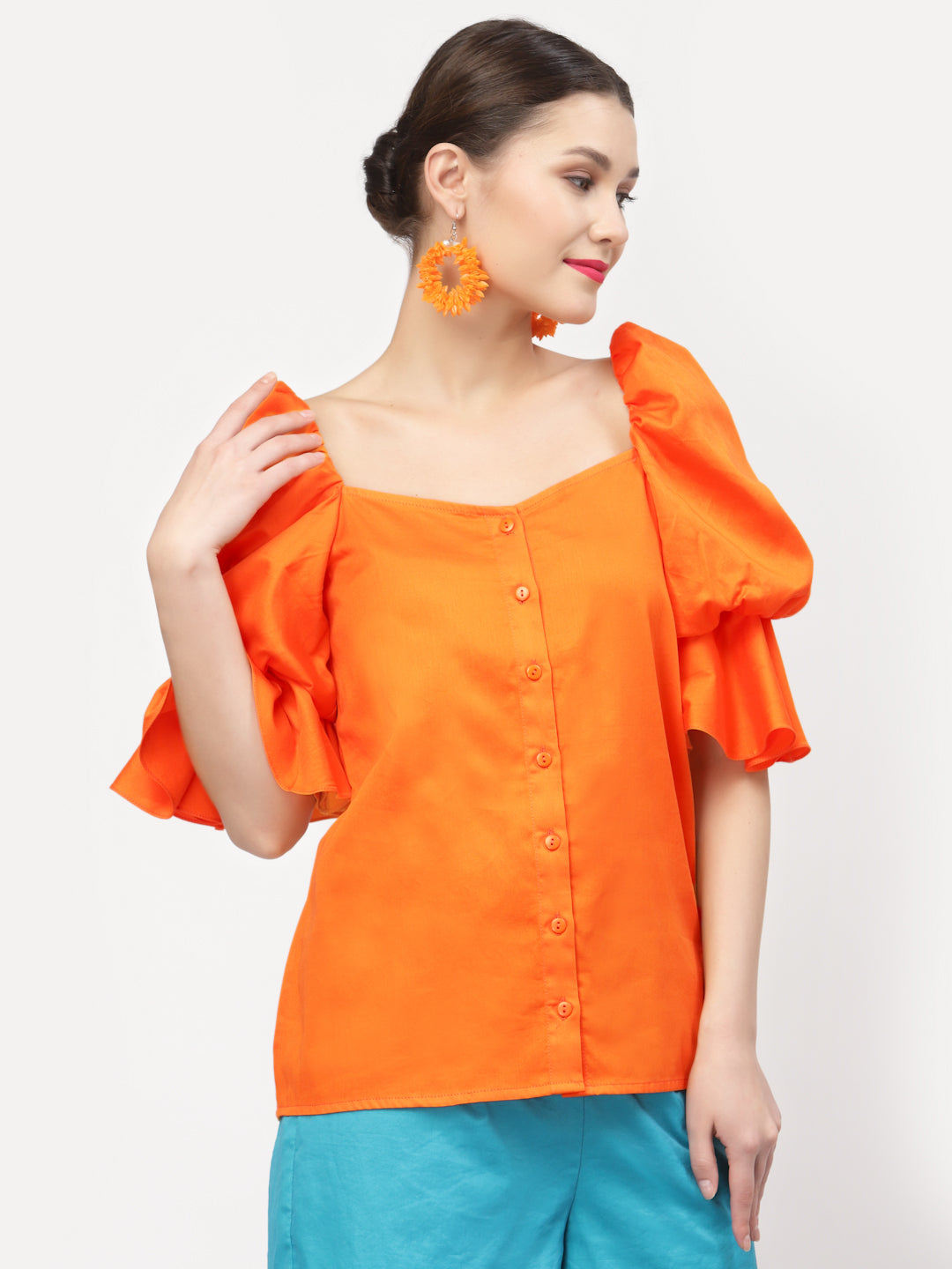 Orange Cotton Top With Puff Sleeves, tops for women, crop top, crop tops for women, organza tops