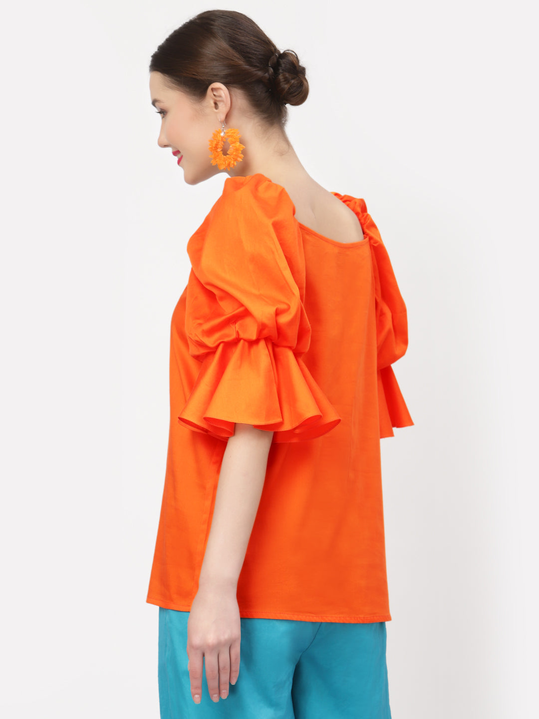 Orange Cotton Top With Puff Sleeves, tops for women, crop top, crop tops for women, organza tops