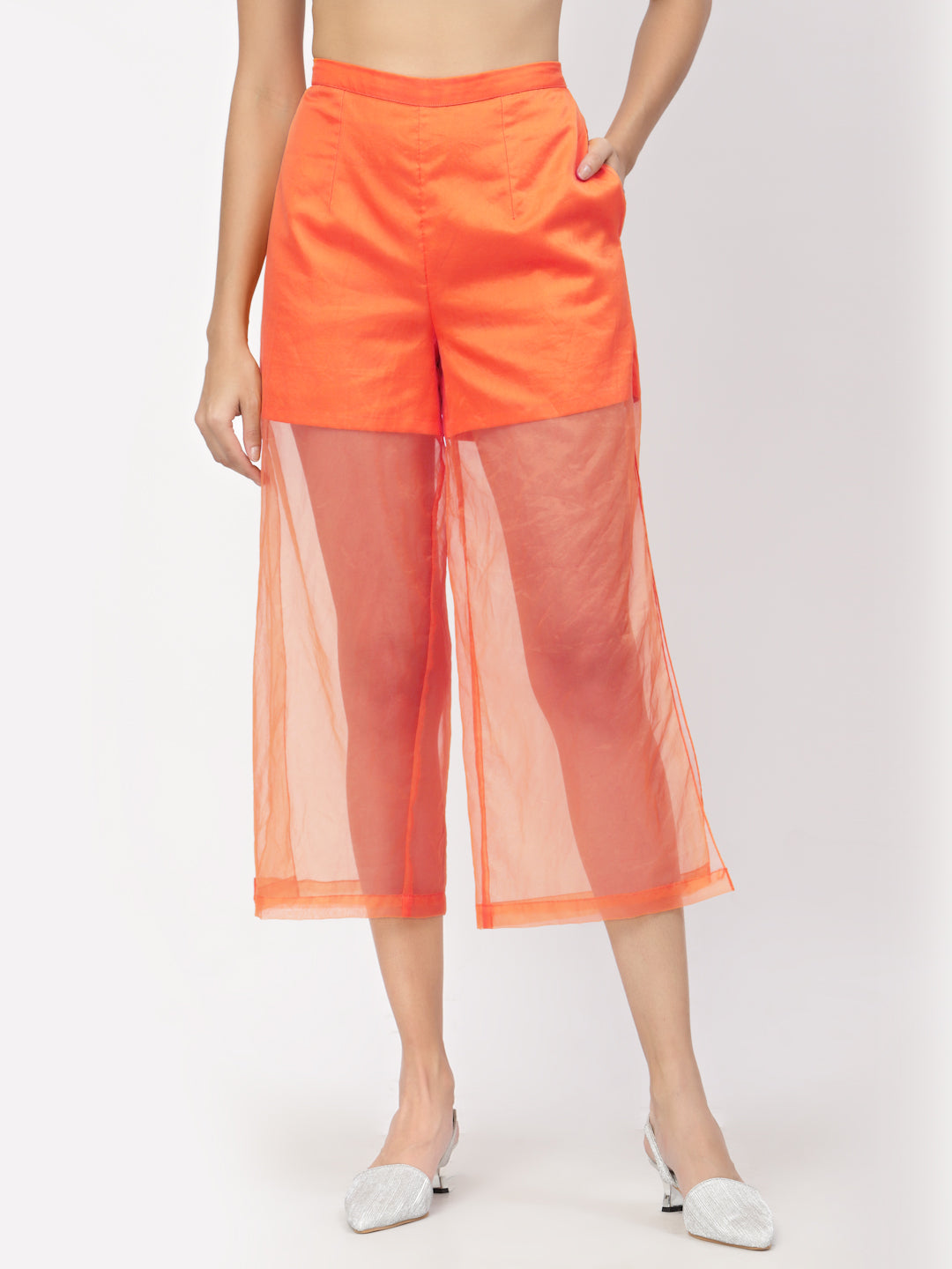 Orange Organza Plazzo, Velvet Bell Bottom Pants , Stylish Women pants , Floral print palazzos
