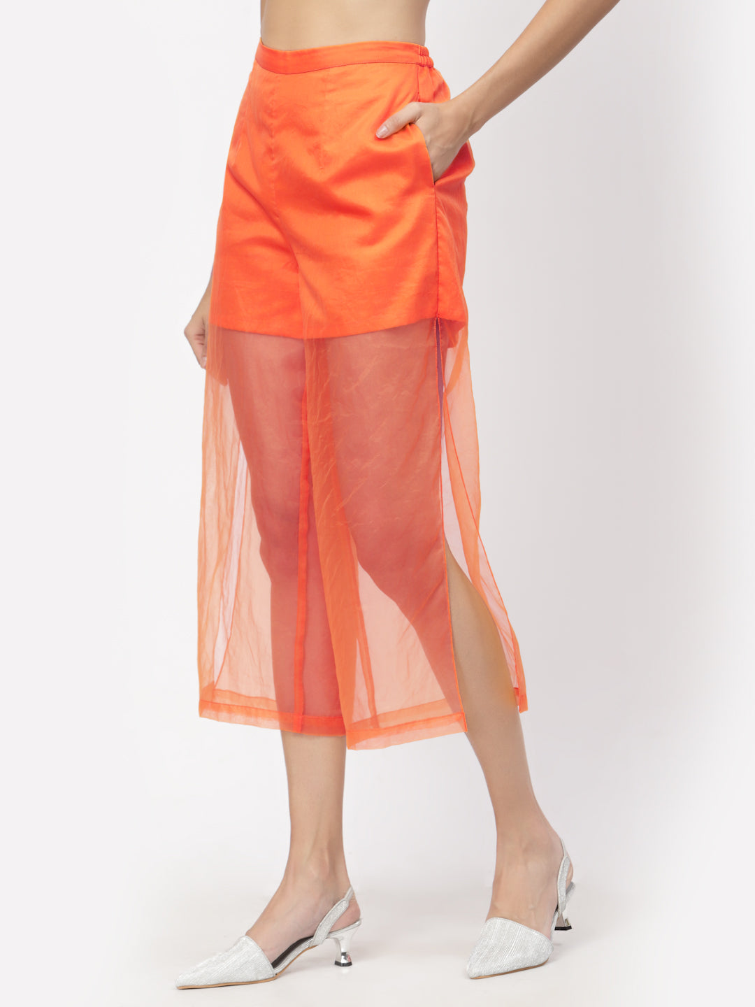 Orange Organza Plazzo, Velvet Bell Bottom Pants , Stylish Women pants , Floral print palazzos