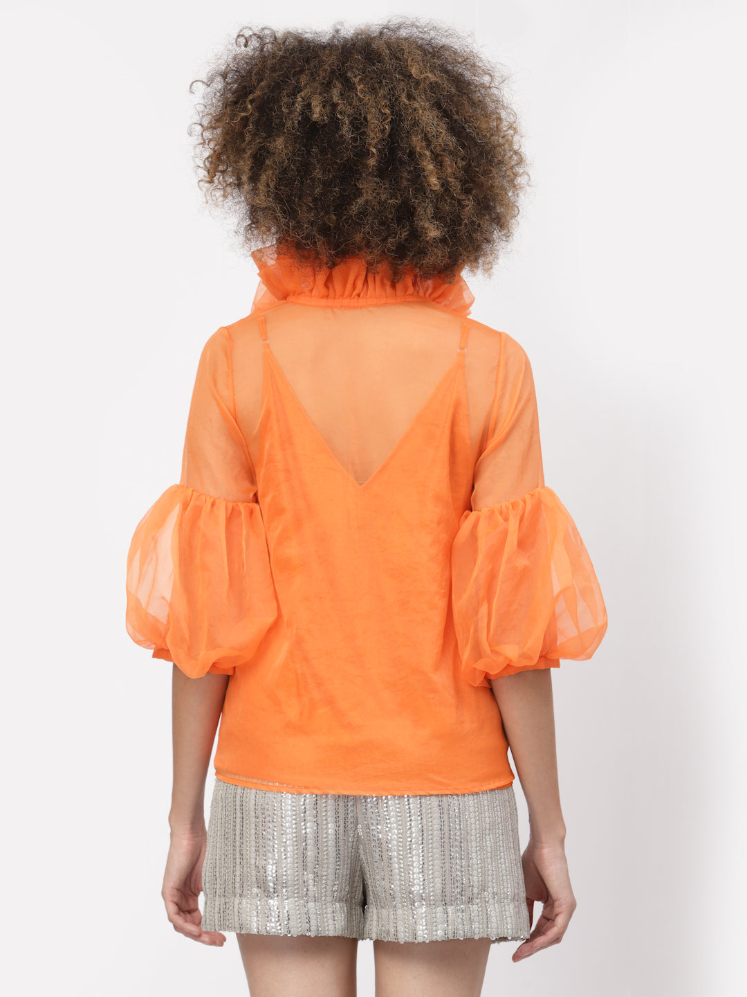 Orange Organza Top With Puff Sleeves & Lycra Inner, tops for women, crop top, crop tops for women, organza tops