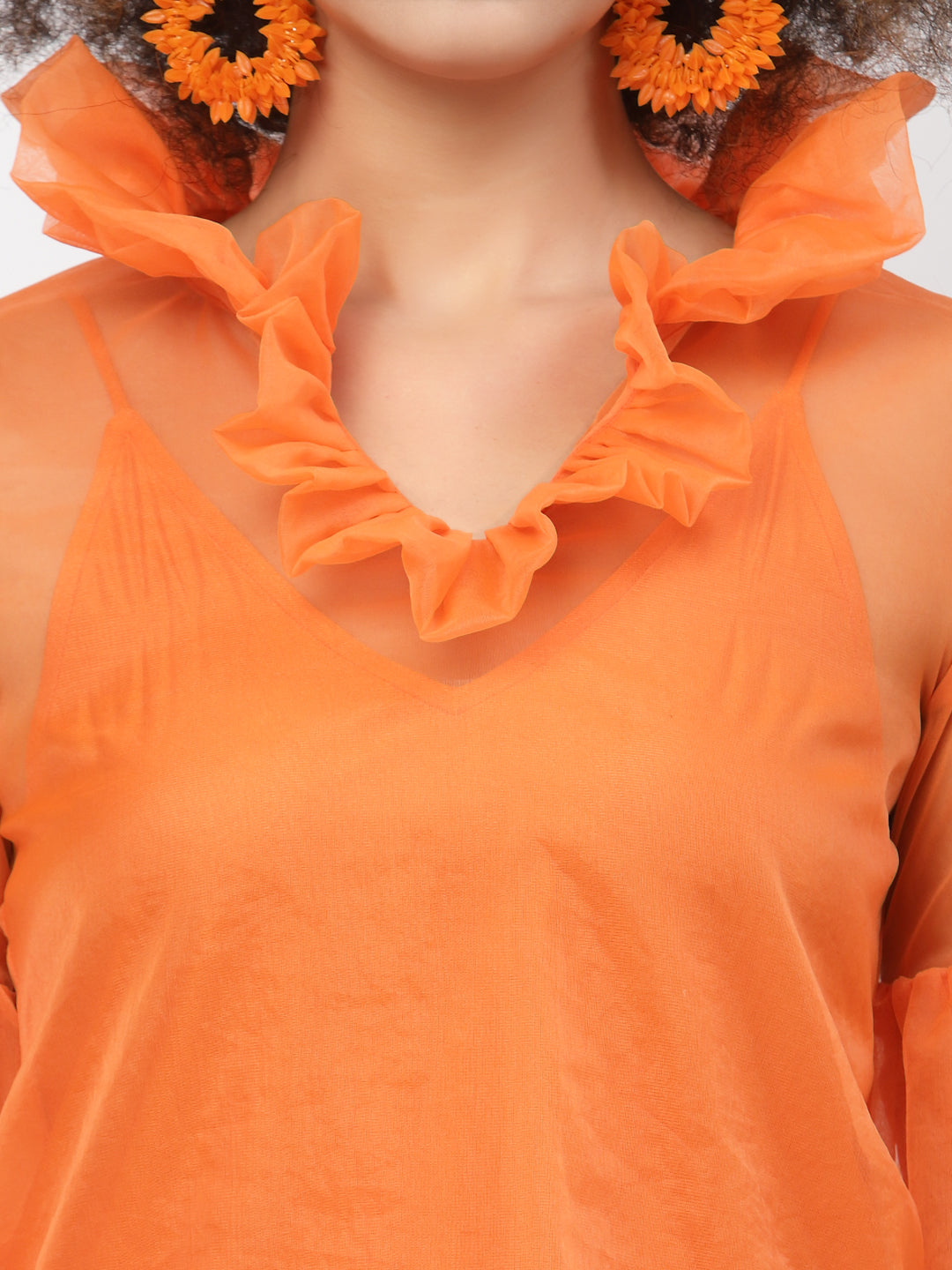 Orange Organza Top With Puff Sleeves & Lycra Inner, tops for women, crop top, crop tops for women, organza tops