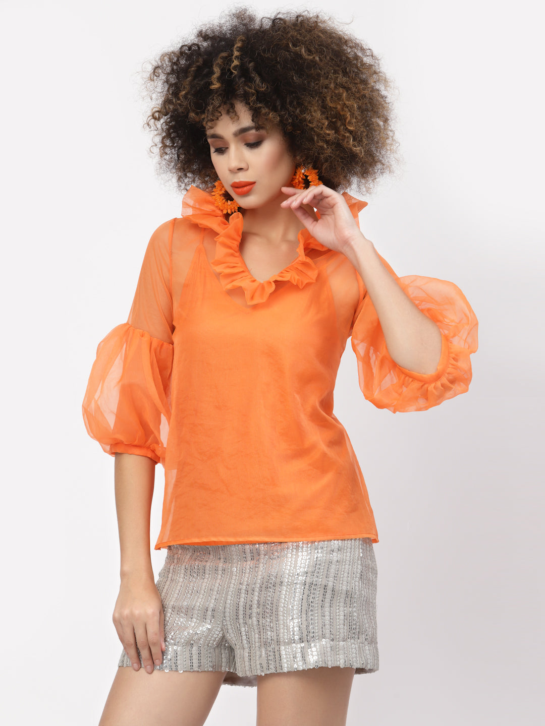 Orange Organza Top With Puff Sleeves