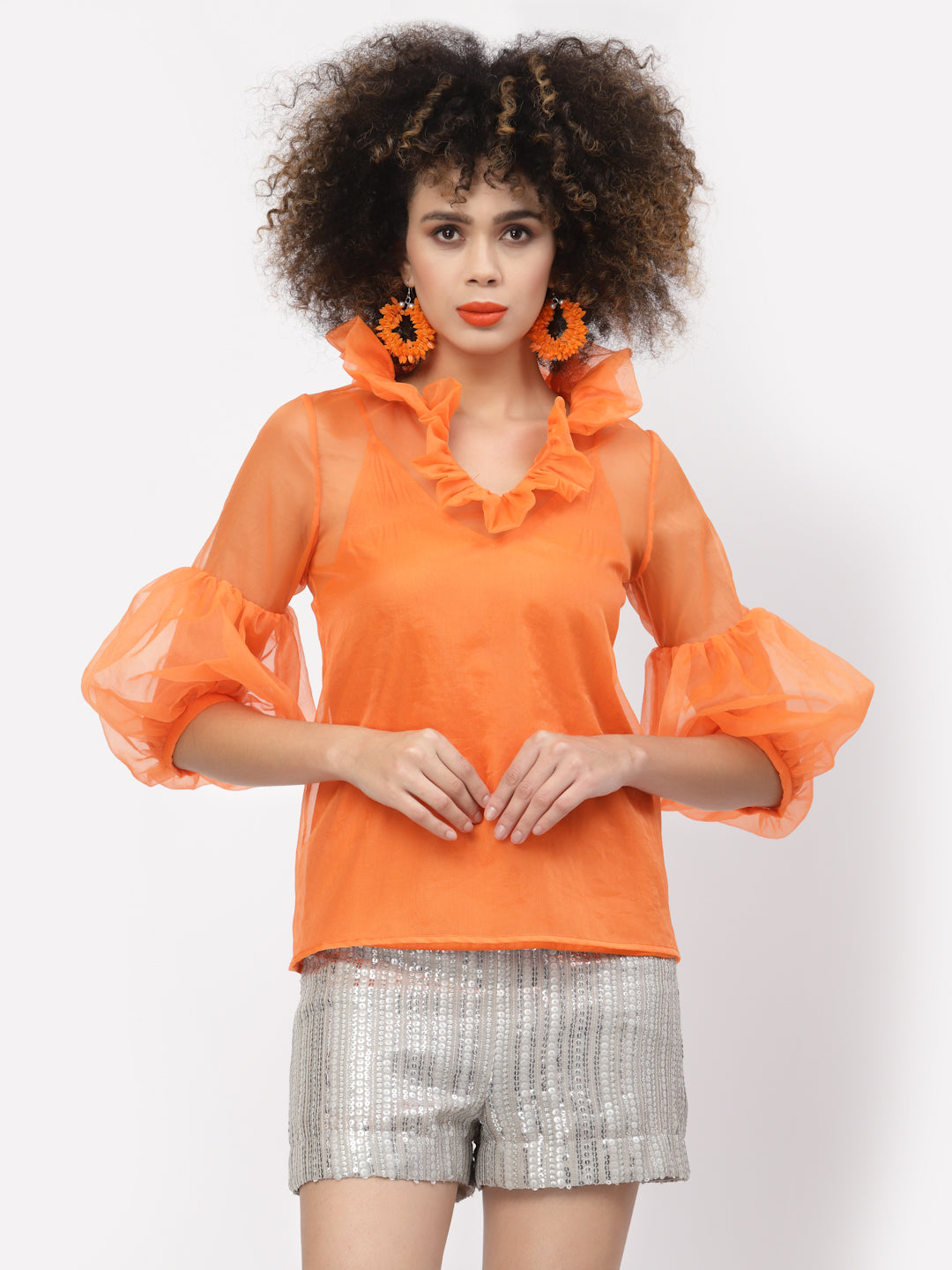 Orange Organza Top With Puff Sleeves & Lycra Inner, tops for women, crop top, crop tops for women, organza tops