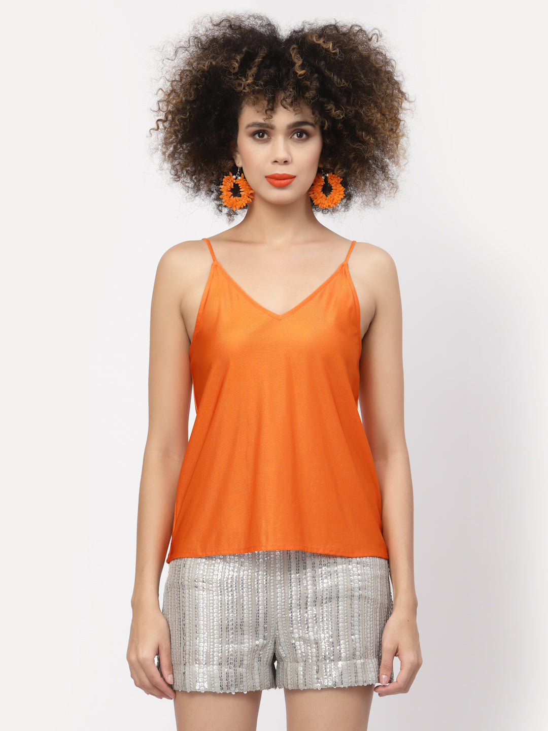 Orange Organza Top With Puff Sleeves & Lycra Inner, tops for women, crop top, crop tops for women, organza tops