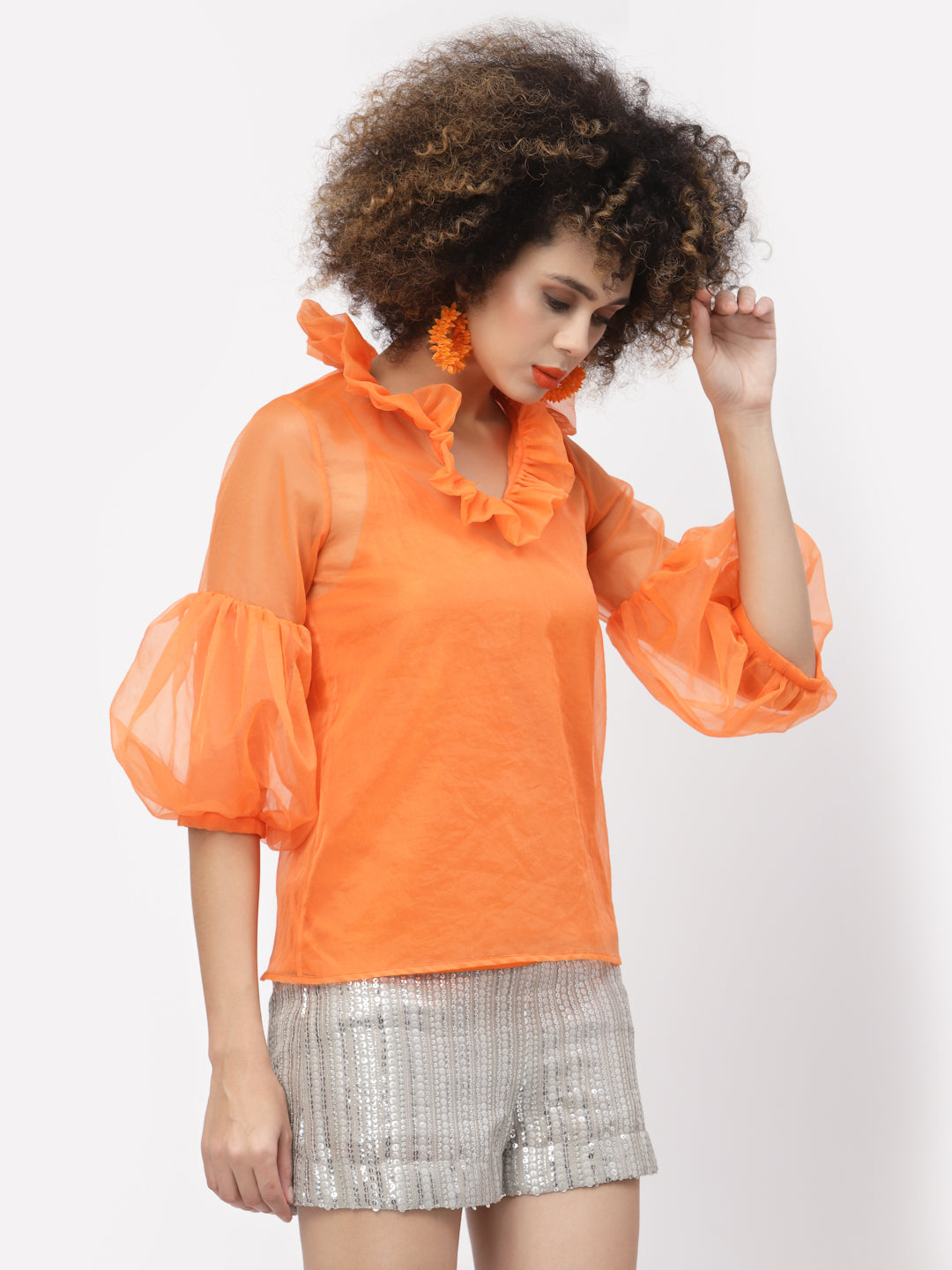 Orange Organza Top With Puff Sleeves & Lycra Inner, tops for women, crop top, crop tops for women, organza tops