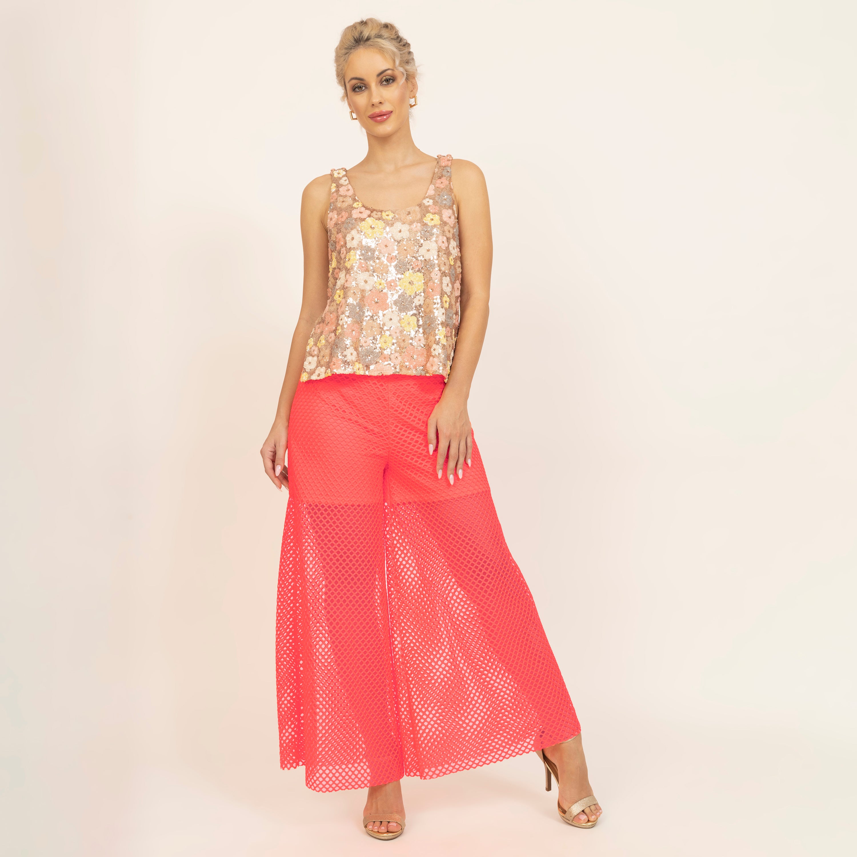 Peach A-Line Sequin Shrug with spaghetti, party wear tops, flower, women tops, crop tops, designs