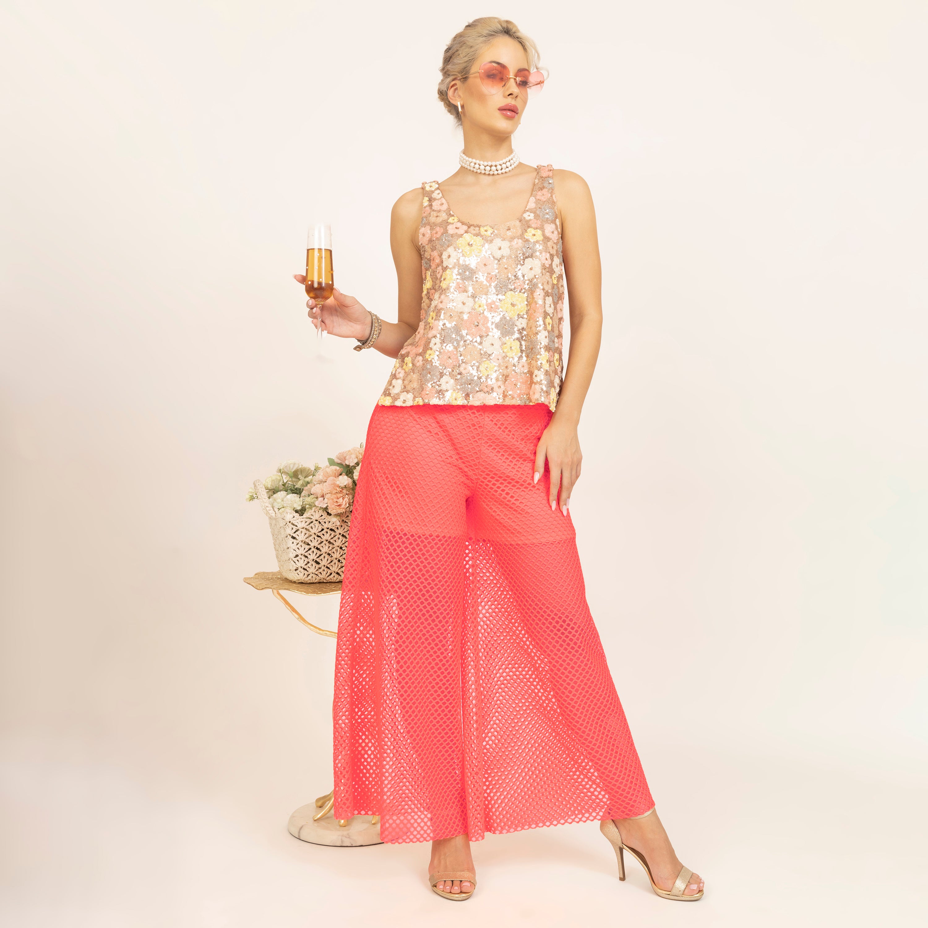 Peach A-Line Sequin Shrug with spaghetti, party wear tops, flower, women tops, crop tops, designs