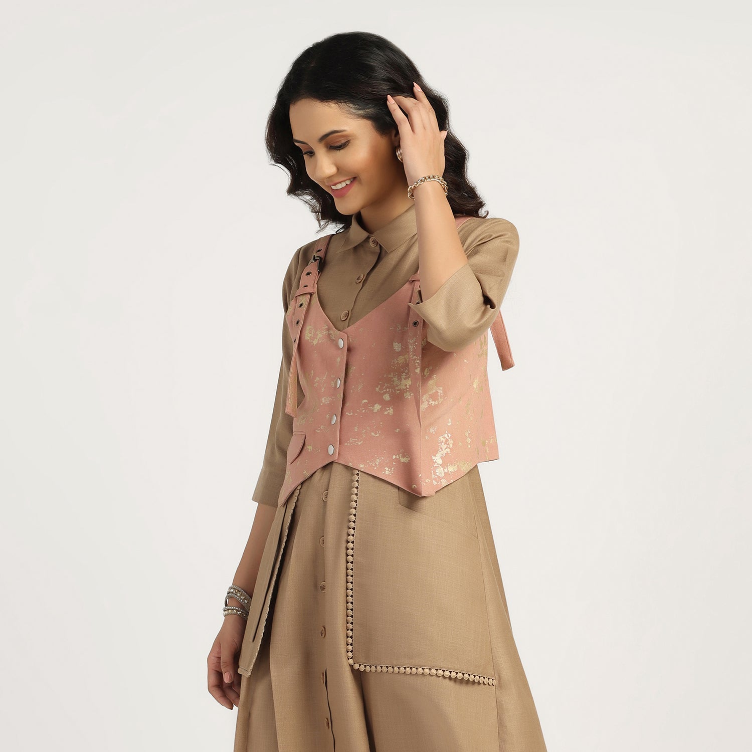 Peach Canvas Shrug with Gold Foil, dresses for women , Party dress , Holographic print dress , sequins dress 