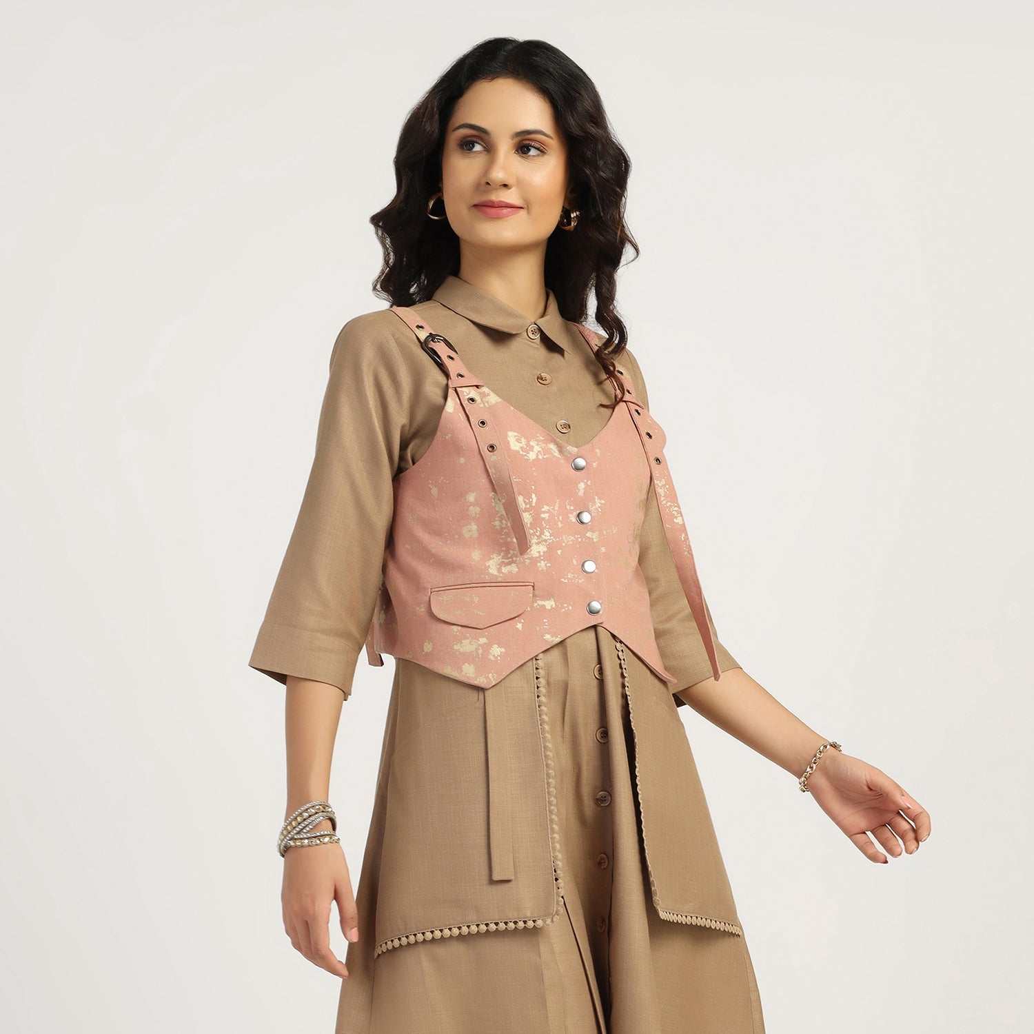 Peach Canvas Shrug with Gold Foil, dresses for women , Party dress , Holographic print dress , sequins dress