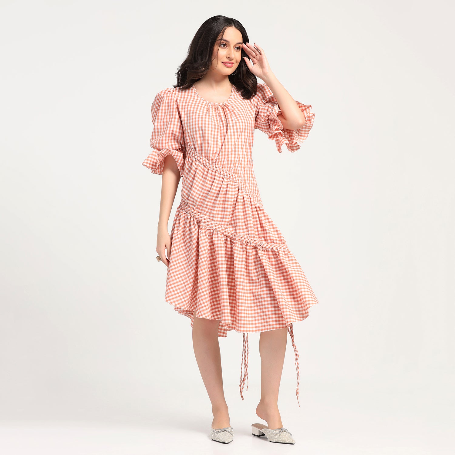 Peach Check Asymmetrical Dress With Strings, dresses for women , Party dress , Holographic print dress , sequins dress 