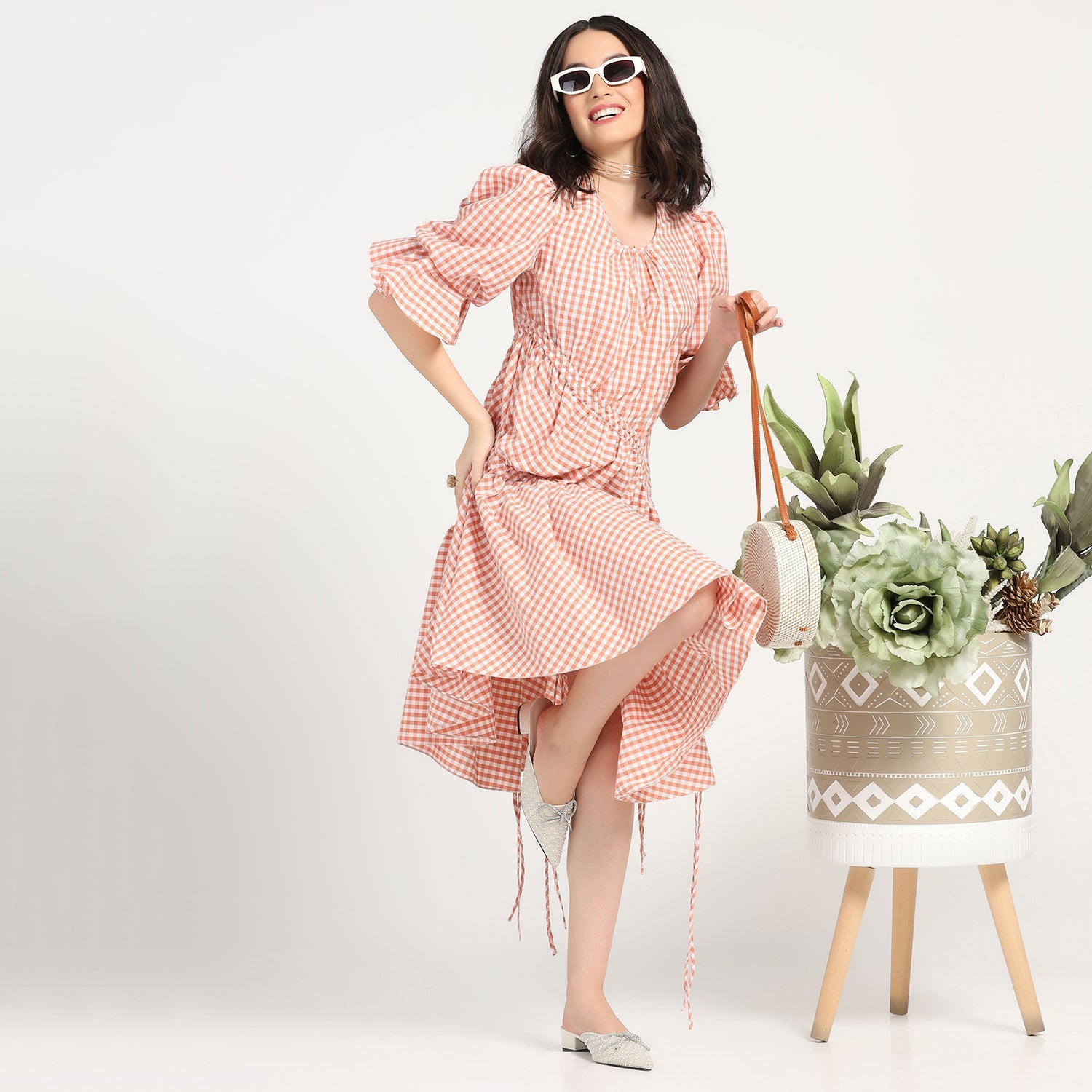 Peach Check Asymmetrical Dress for Ladies