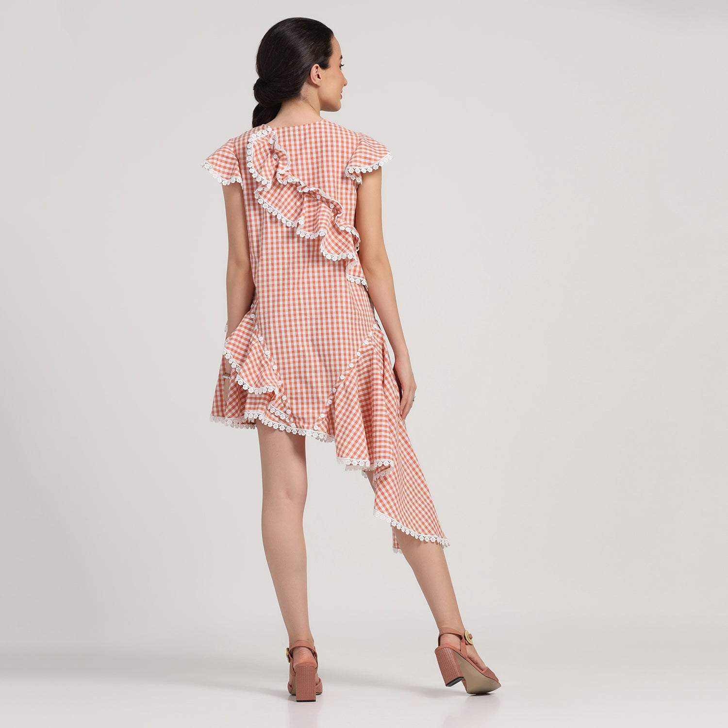 Peach Check Asymmetrical Ruffle Dress, dresses for women,  Party dress , Holographic print dress , sequins dress 