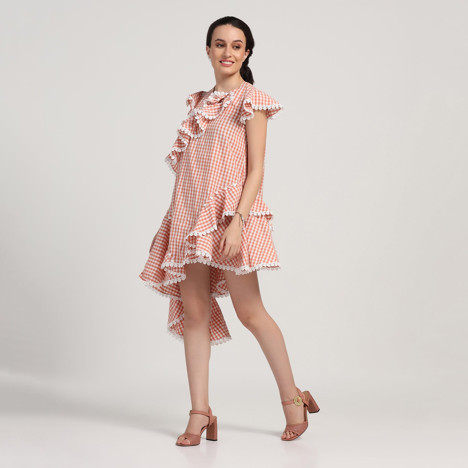 Peach Check Asymmetrical Ruffle Dress, dresses for women,  Party dress , Holographic print dress , sequins dress