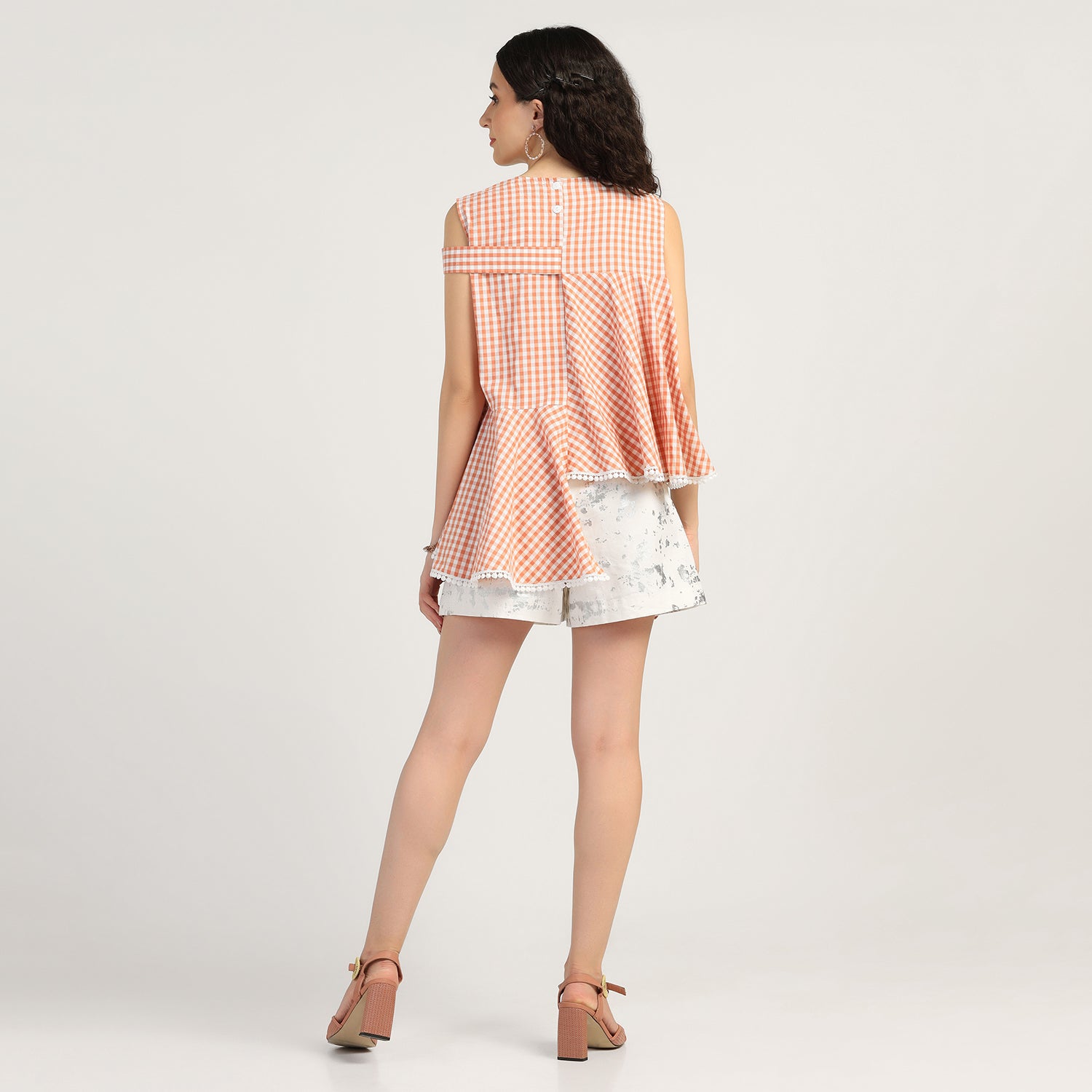 Peach Check Asymmetrical Top, tops for women, crop top, crop tops for women, organza tops