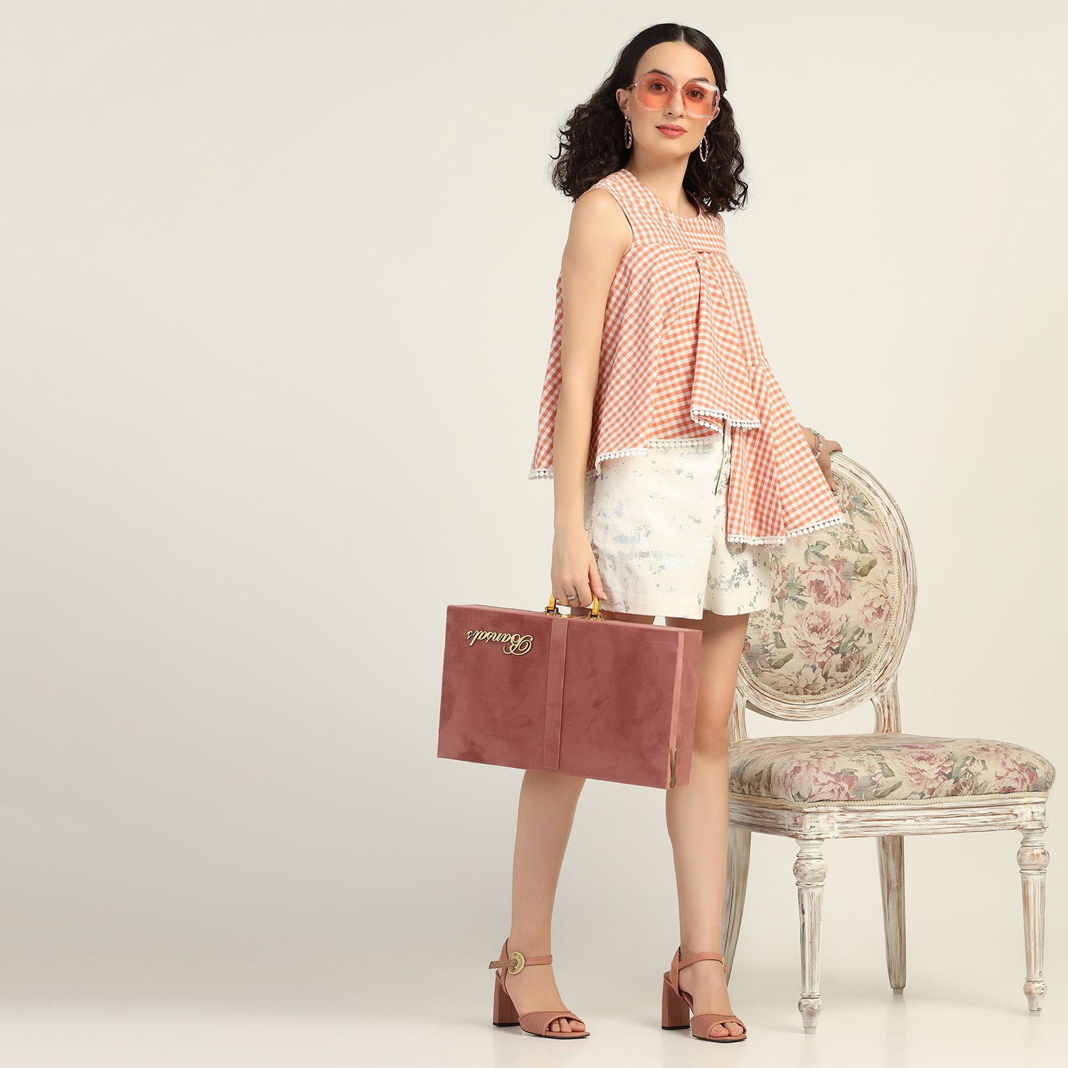 Peach Check Asymmetrical Top for women