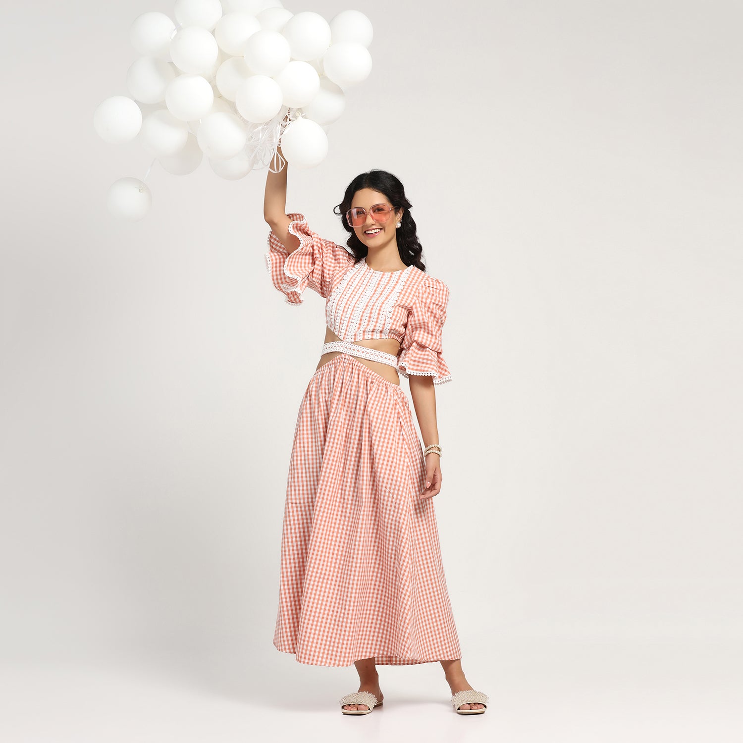 Peach Check Dress With Lace Yoke & Tie Belt, dress for women, partywear dress for women, sleeve design, women dress