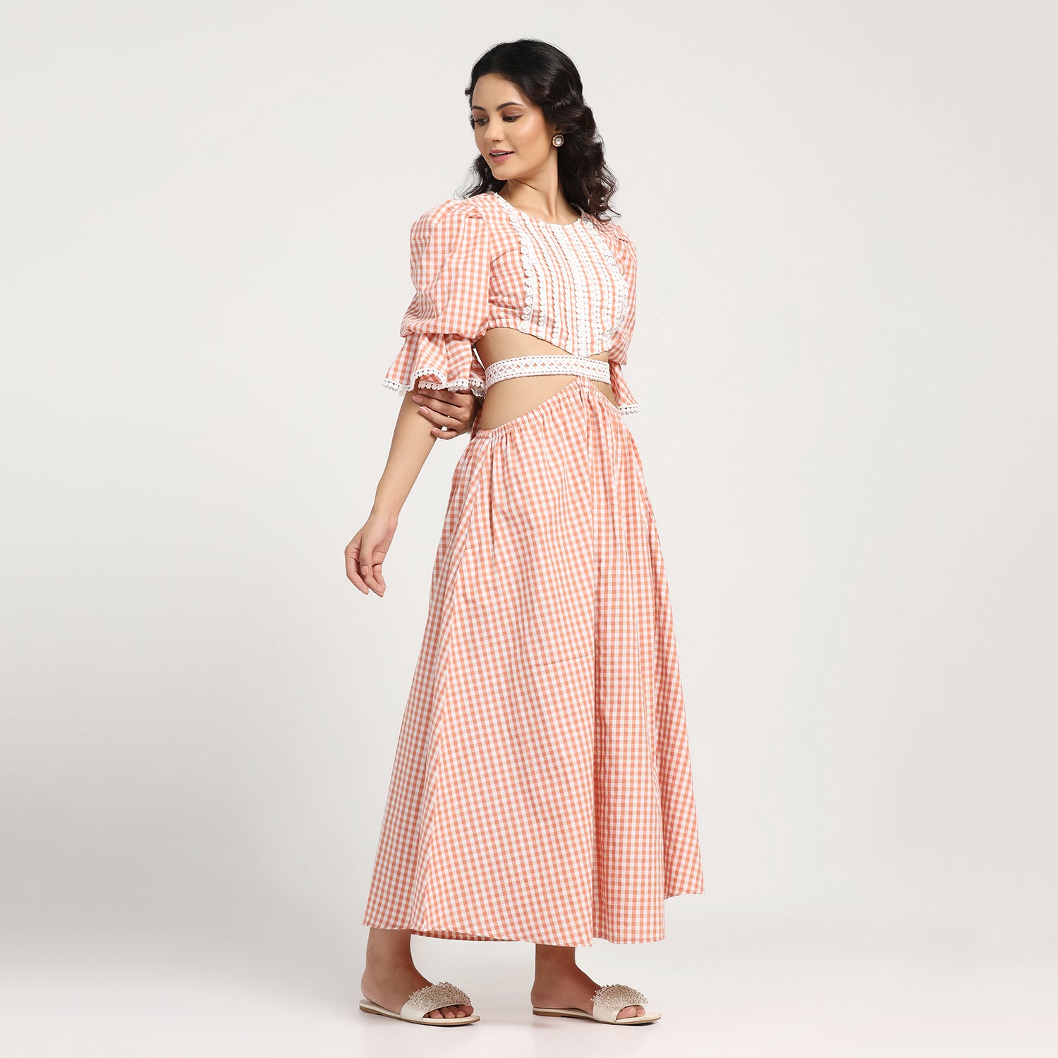 Peach Check Dress With Lace Yoke & Tie Belt, dress for women, partywear dress for women, sleeve design, women dress