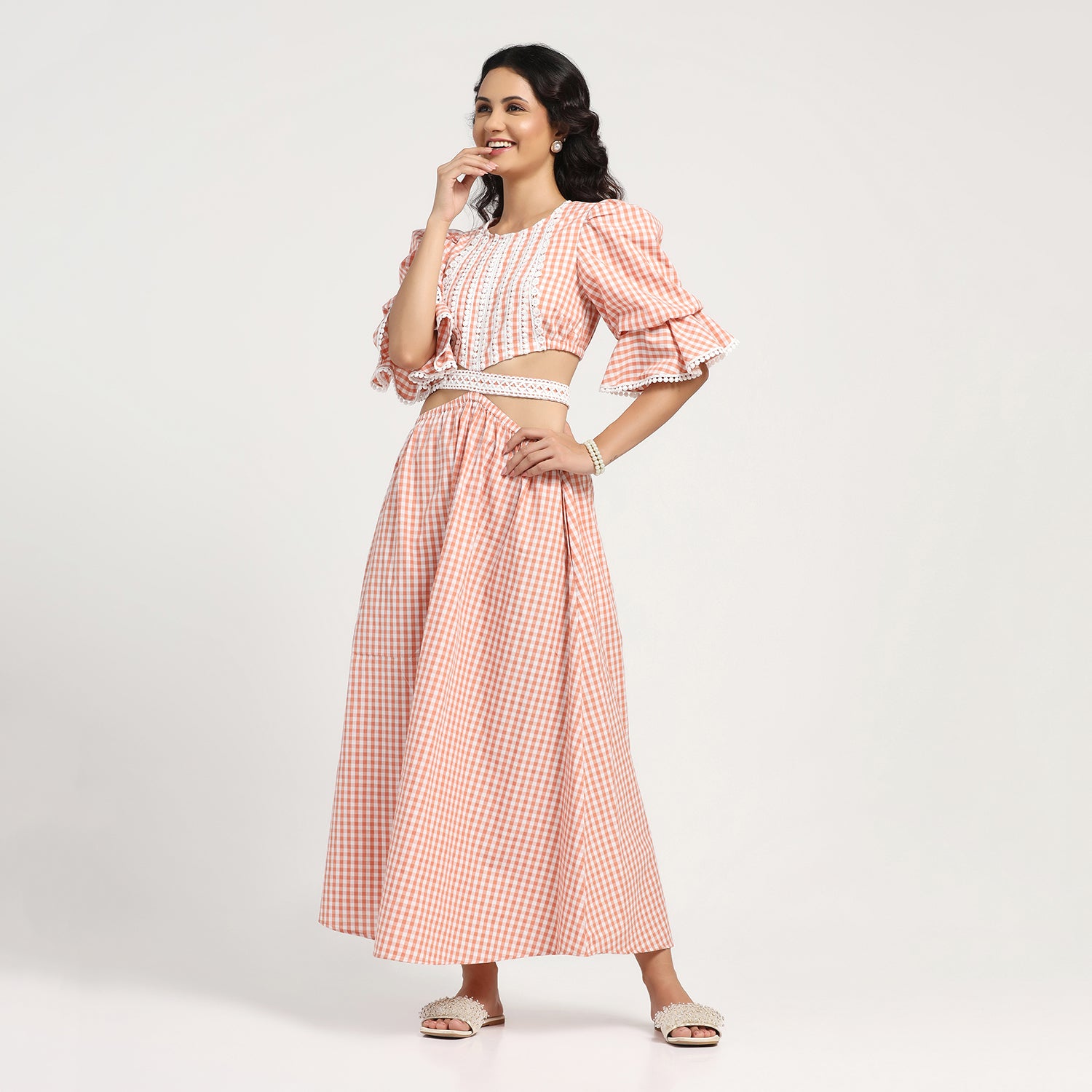 Peach Check Dress With Lace Yoke & Tie Belt, dress for women, partywear dress for women, sleeve design, women dress