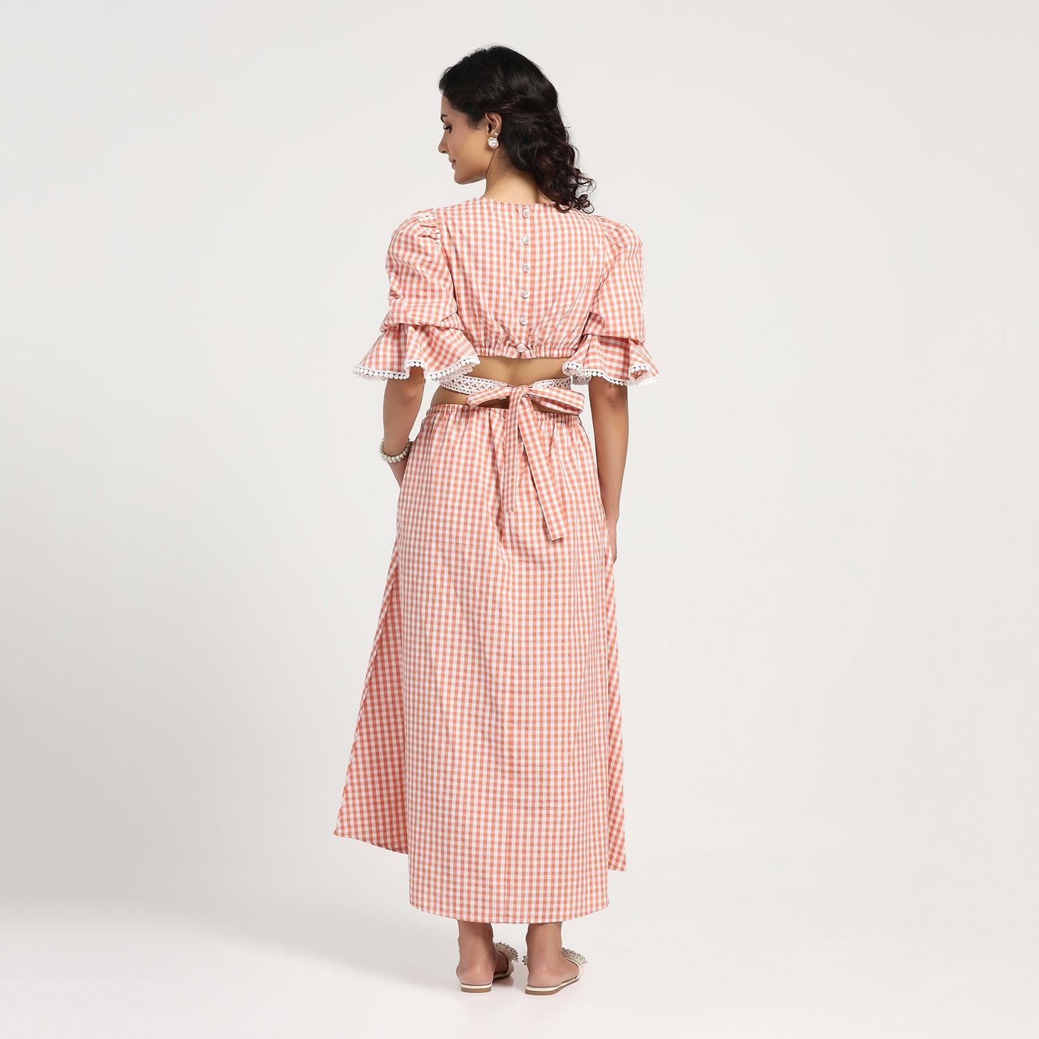 Peach Check Dress With Lace Yoke & Tie Belt, dress for women, partywear dress for women, sleeve design, women dress