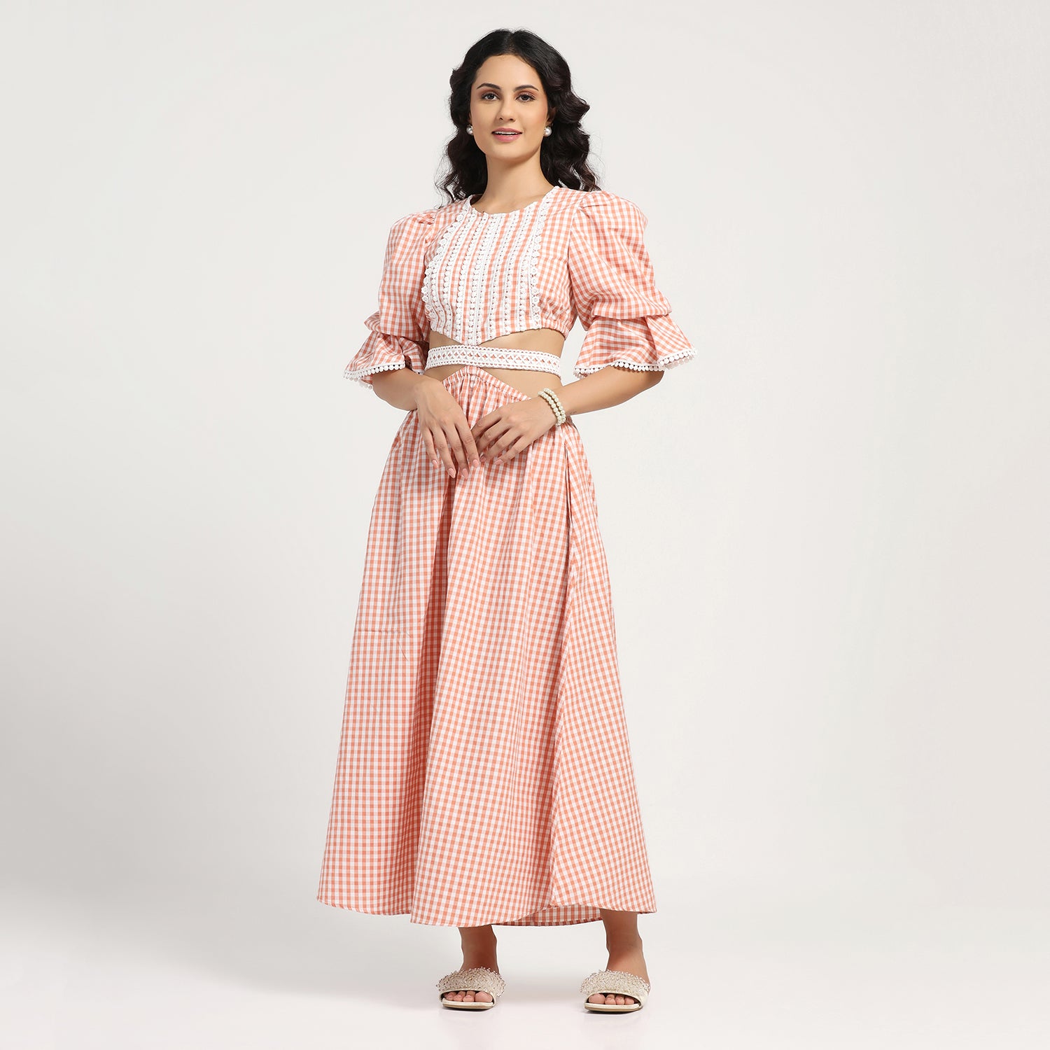 Peach Check Dress With Lace Yoke & Tie Belt, dress for women, partywear dress for women, sleeve design, women dress
