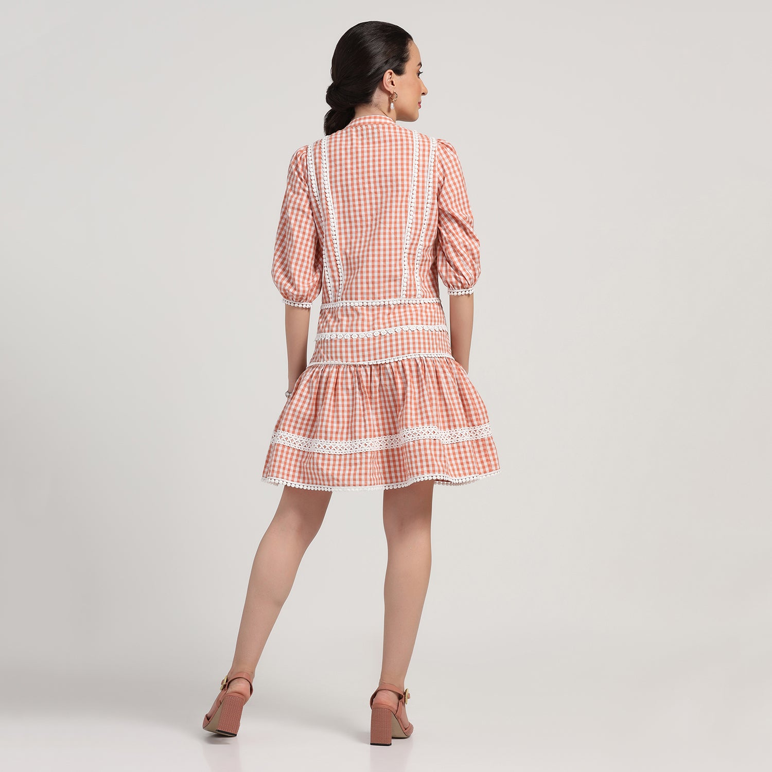Peach Check Short Dress With Laces, dresses for women, Party dress , Holographic print dress , sequins dress