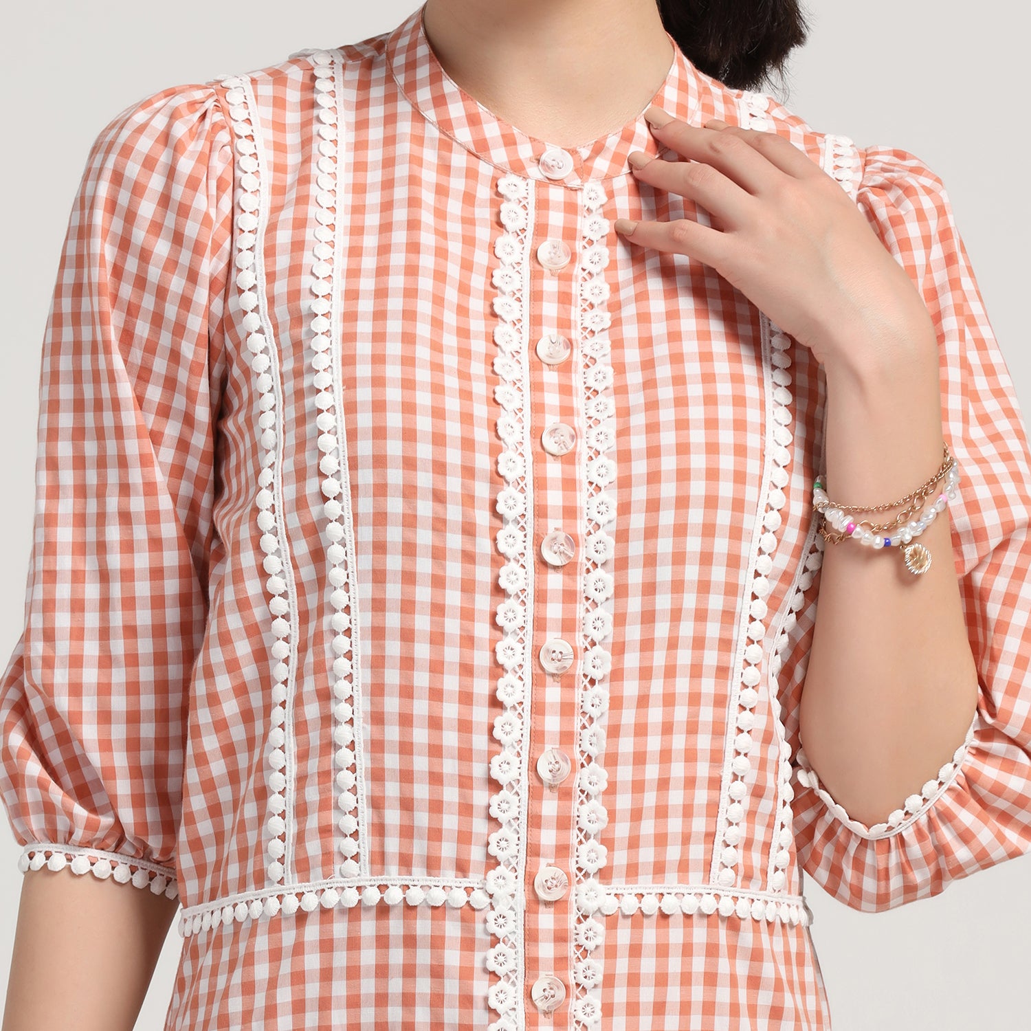 Peach Check Short Dress With Laces, dresses for women, Party dress , Holographic print dress , sequins dress