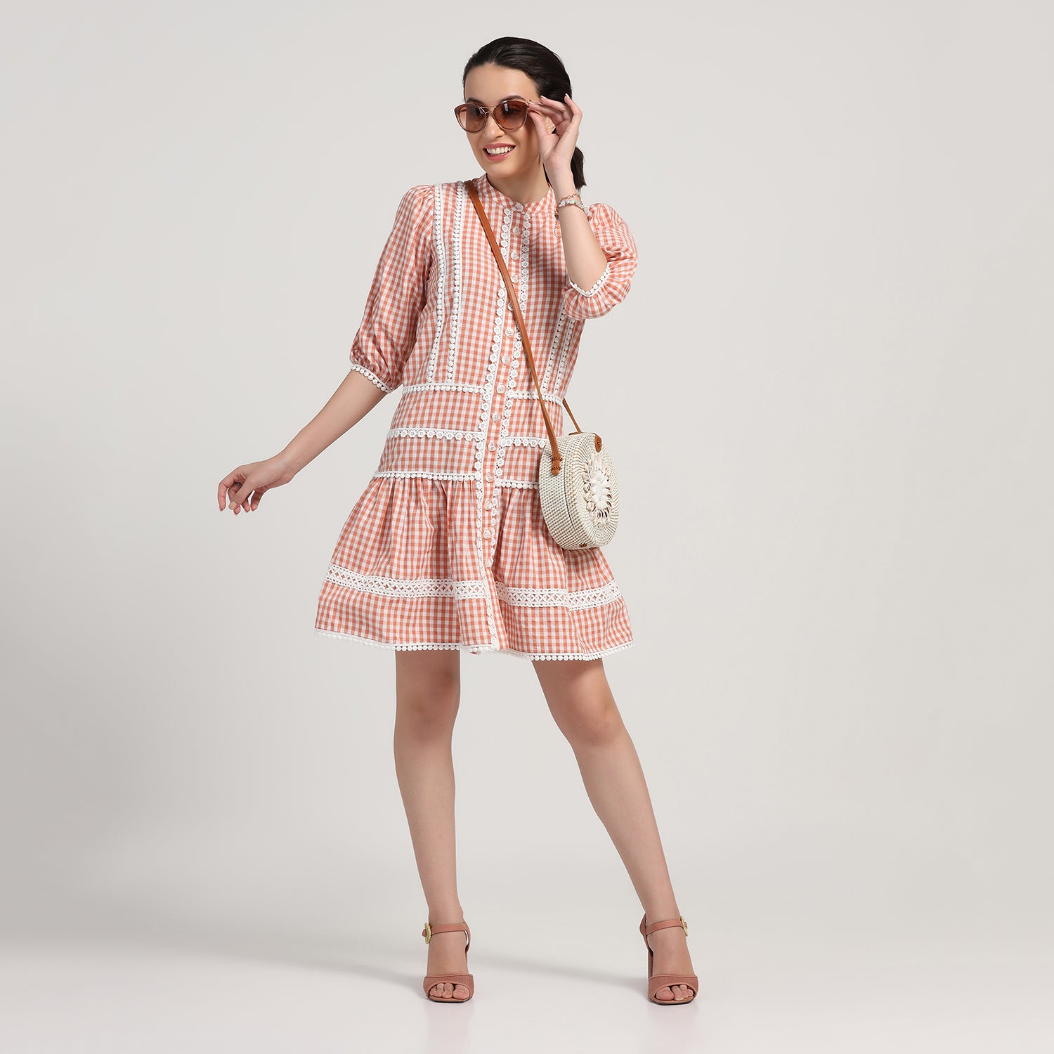 Peach Check Short Dress With Laces