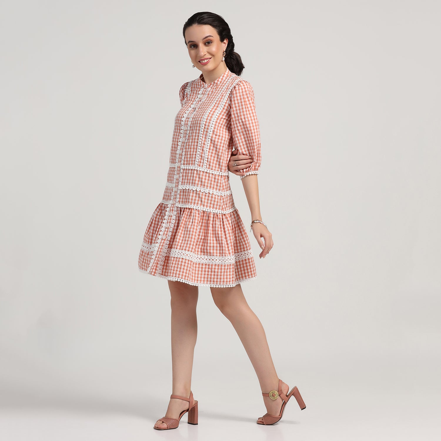 Peach Check Short Dress With Laces, dresses for women, Party dress , Holographic print dress , sequins dress