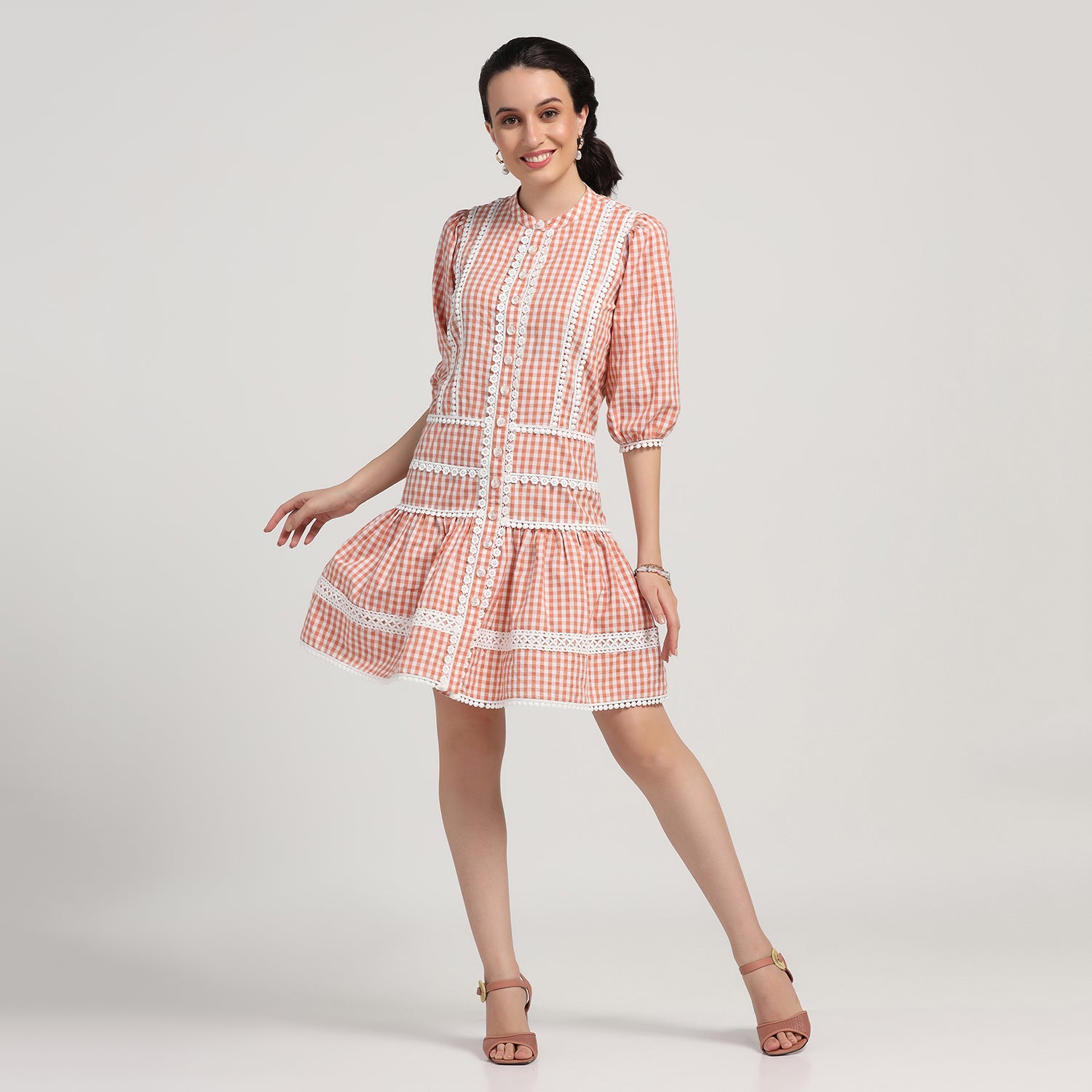 Peach Check Short Dress With Laces, dresses for women, Party dress , Holographic print dress , sequins dress