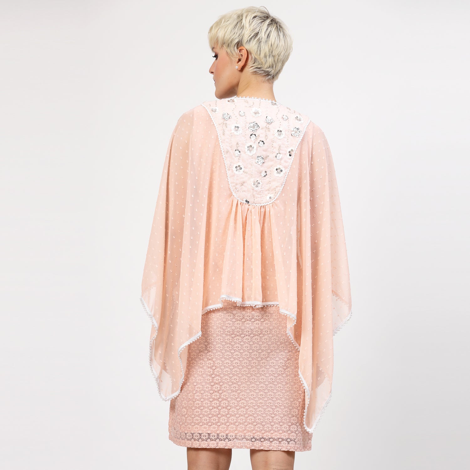 Peach Georgette Cape With Yoke Embroidery, Organza jackets, Stylish Jackets, Summer Women’s Jackets, Long Women Jackets , Short jackets for women