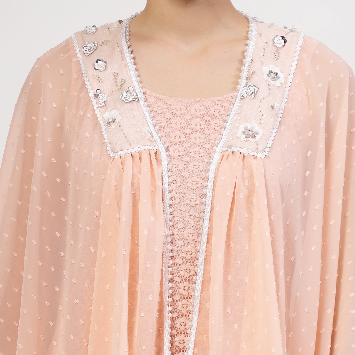 Peach Georgette Cape With Yoke Embroidery, Organza jackets, Stylish Jackets, Summer Women’s Jackets, Long Women Jackets , Short jackets for women