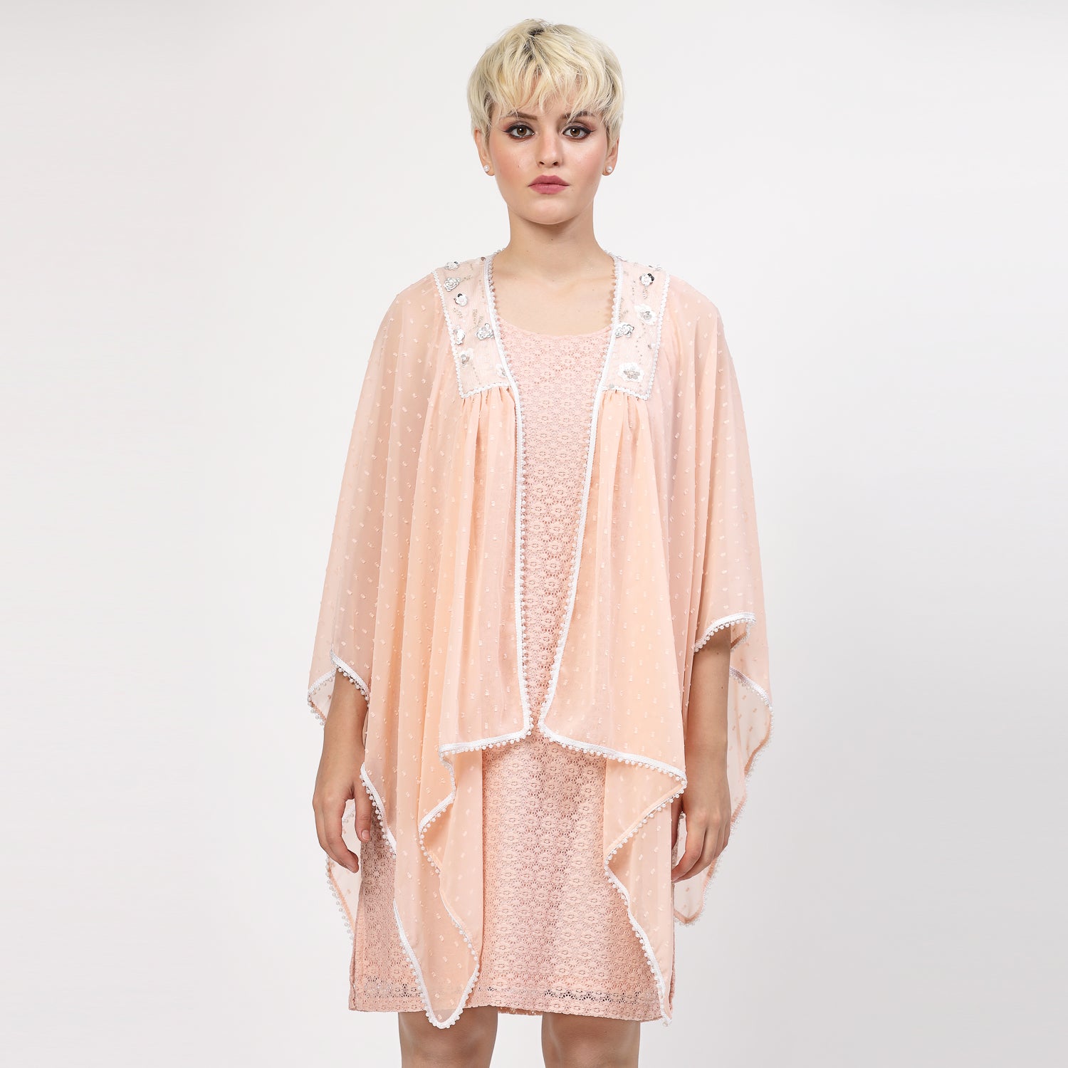 Peach Georgette Cape With Yoke Embroidery, Organza jackets, Stylish Jackets, Summer Women’s Jackets, Long Women Jackets , Short jackets for women