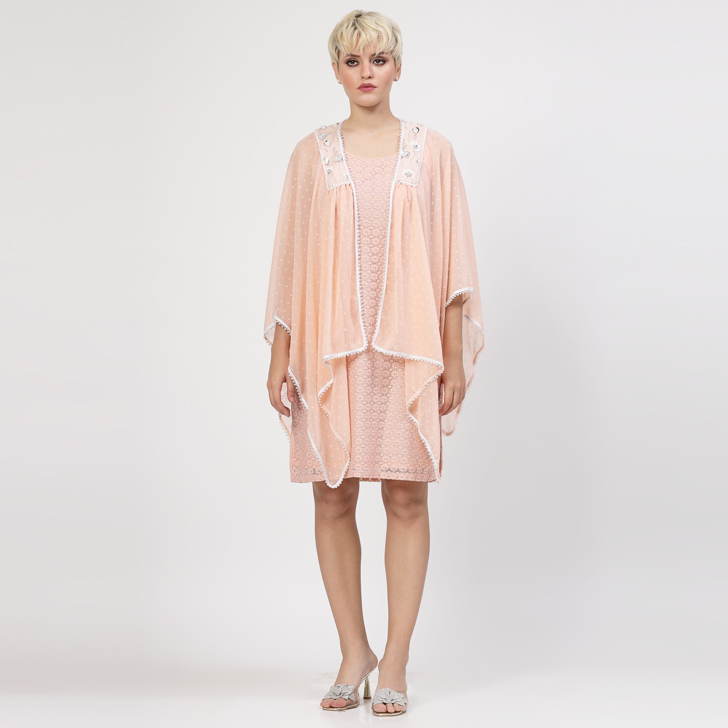 Peach Georgette Cape With Yoke Embroidery, Organza jackets, Stylish Jackets, Summer Women’s Jackets, Long Women Jackets , Short jackets for women