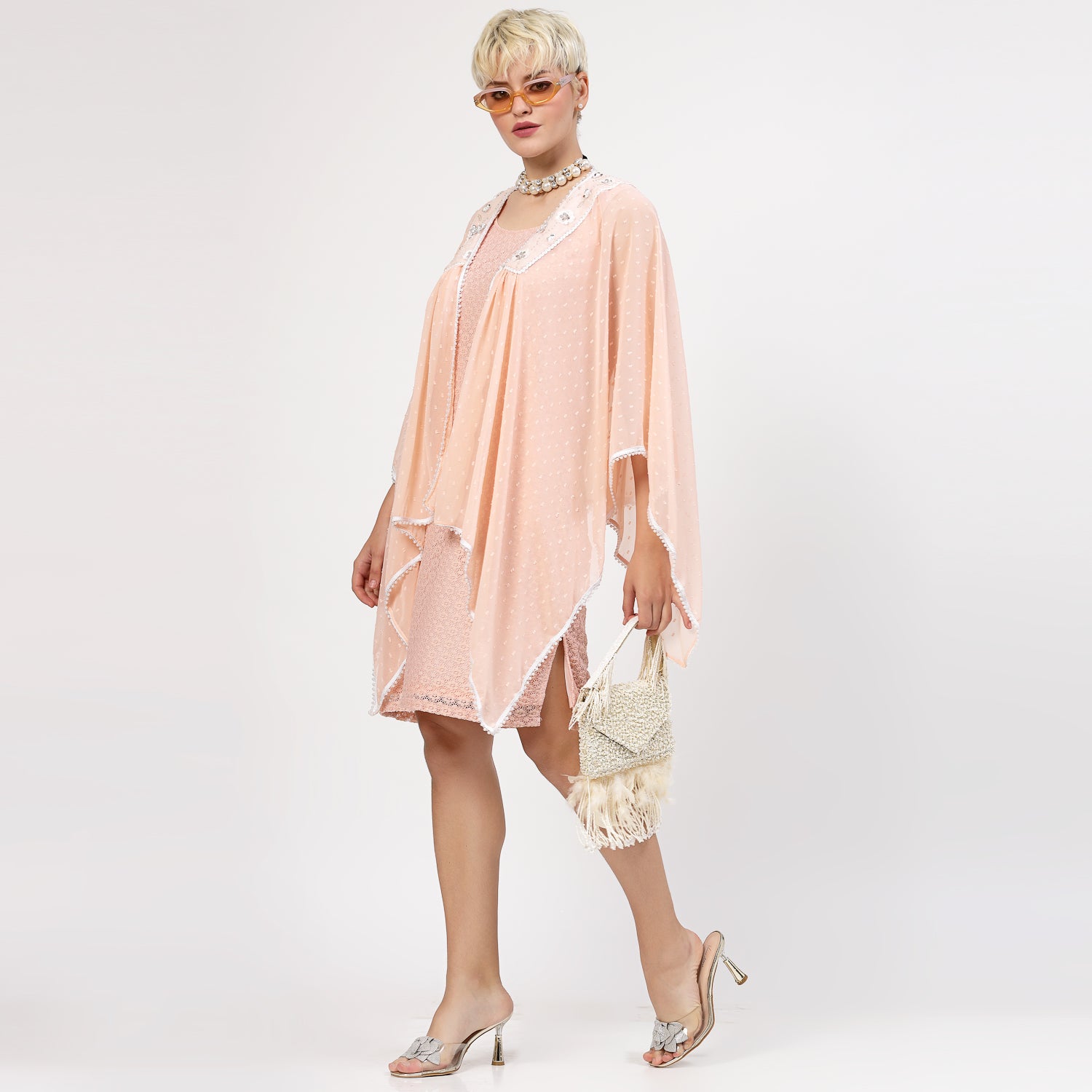 Peach Georgette Cape With Yoke Embroidery, Organza jackets, Stylish Jackets, Summer Women’s Jackets, Long Women Jackets , Short jackets for women