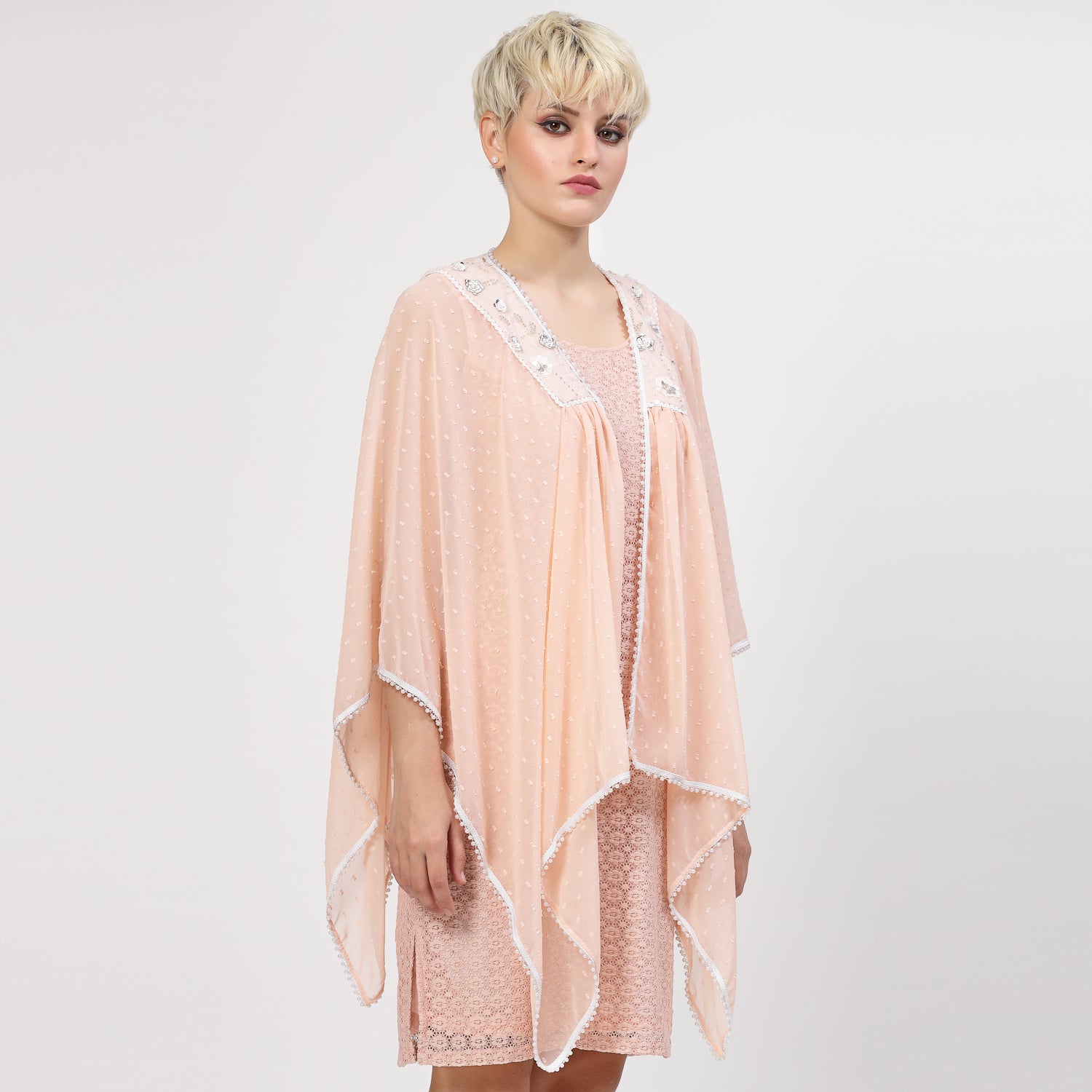Peach Georgette Cape With Yoke Embroidery, Organza jackets, Stylish Jackets, Summer Women’s Jackets, Long Women Jackets , Short jackets for women