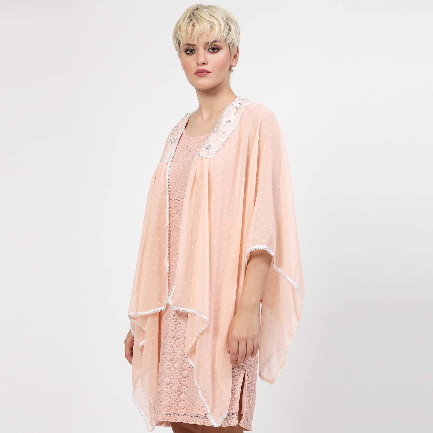 Peach Georgette Cape With Yoke Embroidery, Organza jackets, Stylish Jackets, Summer Women’s Jackets, Long Women Jackets , Short jackets for women