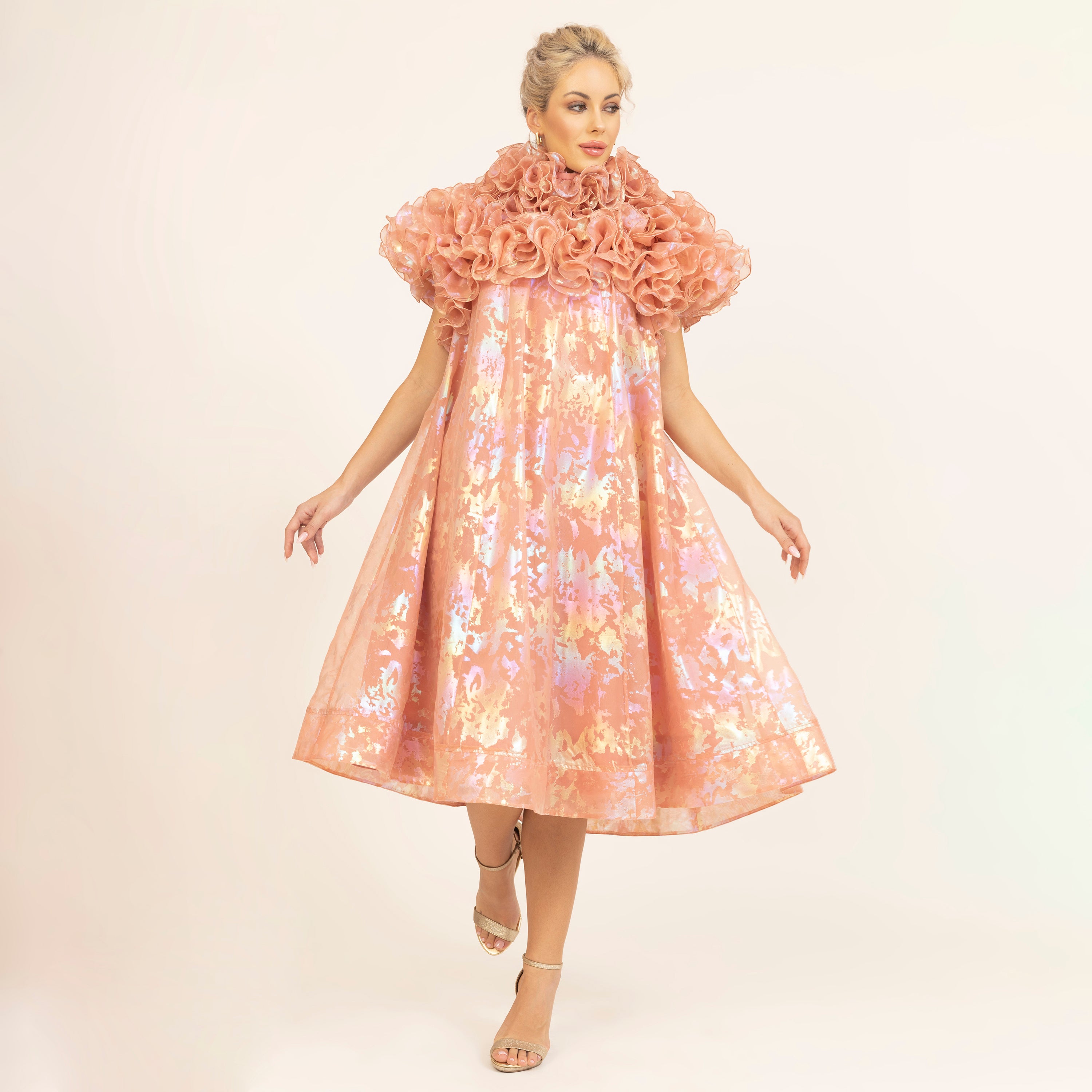 Peach Holographic Print Organza Frill Dress, dress for women, party wear dress for women, dress, flower, neck design, one piece dress