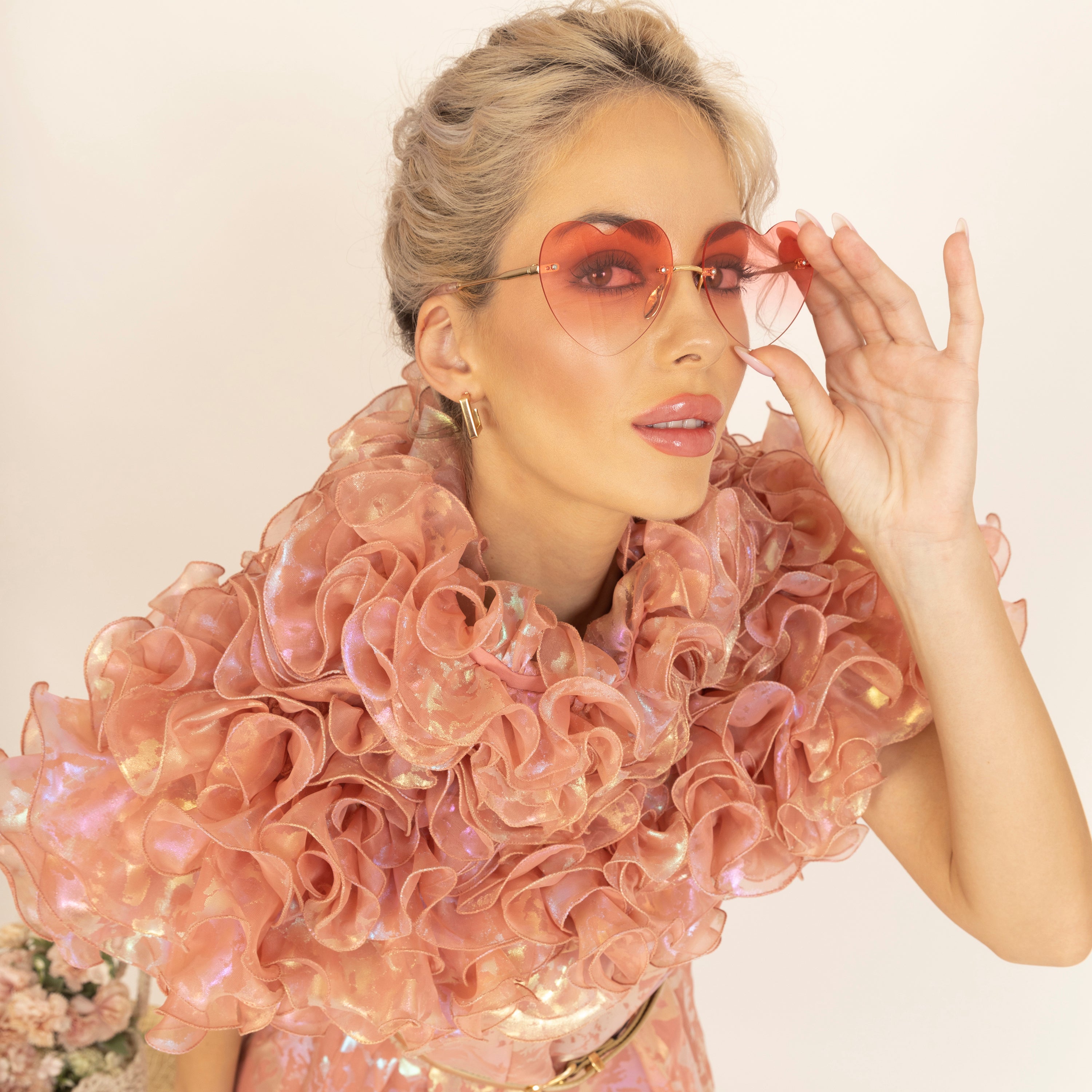 Peach Holographic Print Organza Frill Dress