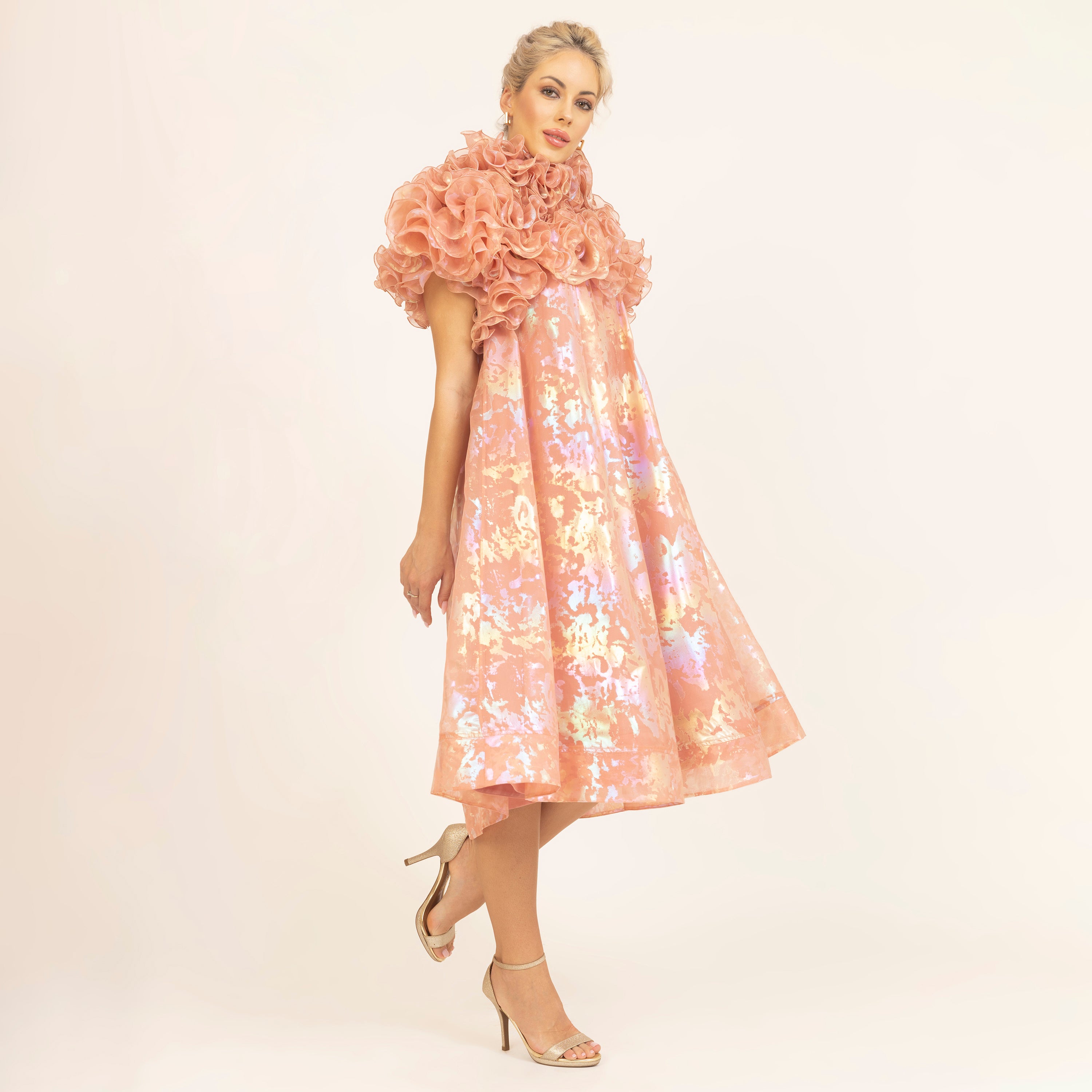 Peach Holographic Print Organza Frill Dress, dress for women, party wear dress for women, dress, flower, neck design, one piece dress