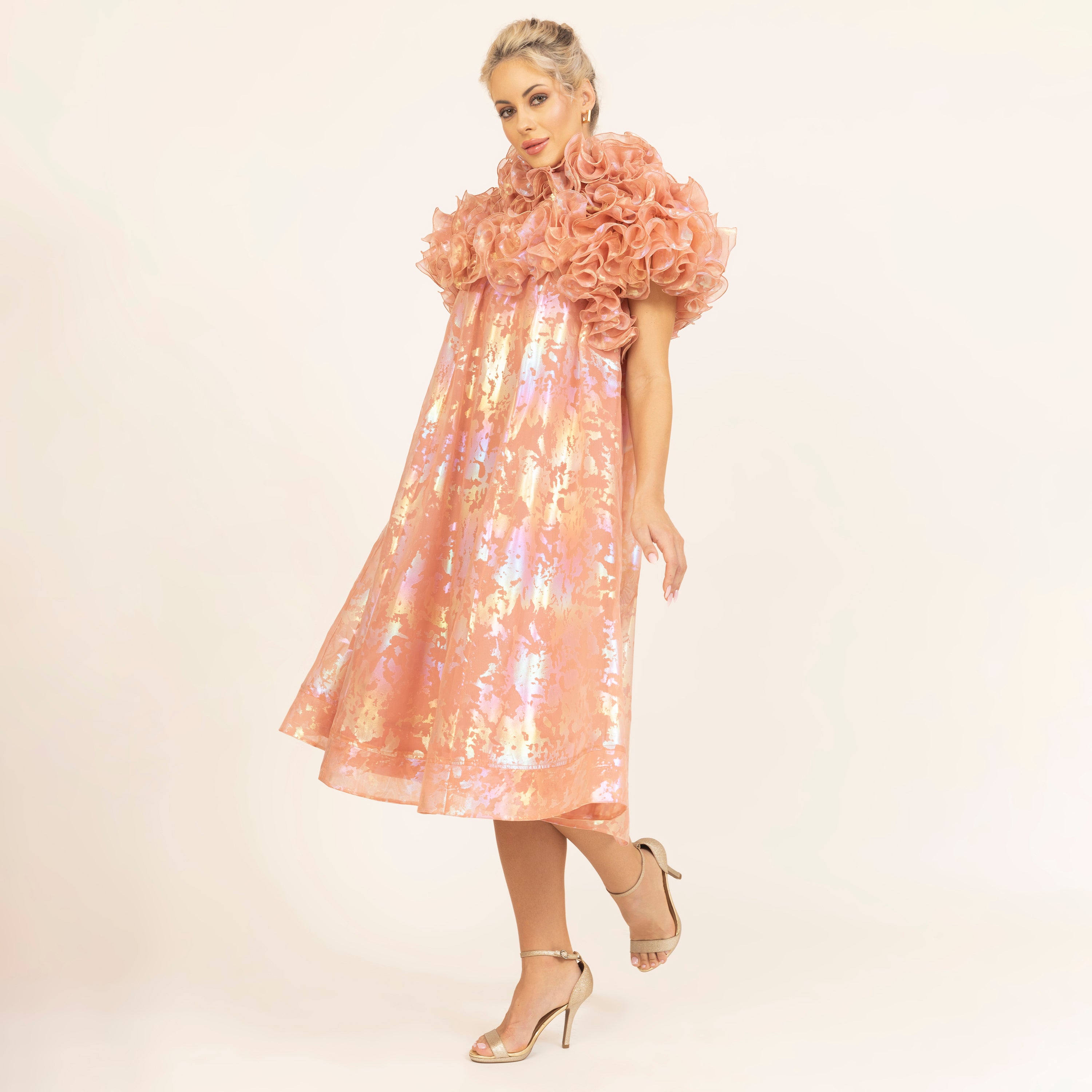 Peach Holographic Print Organza Frill Dress, dress for women, party wear dress for women, dress, flower, neck design, one piece dress