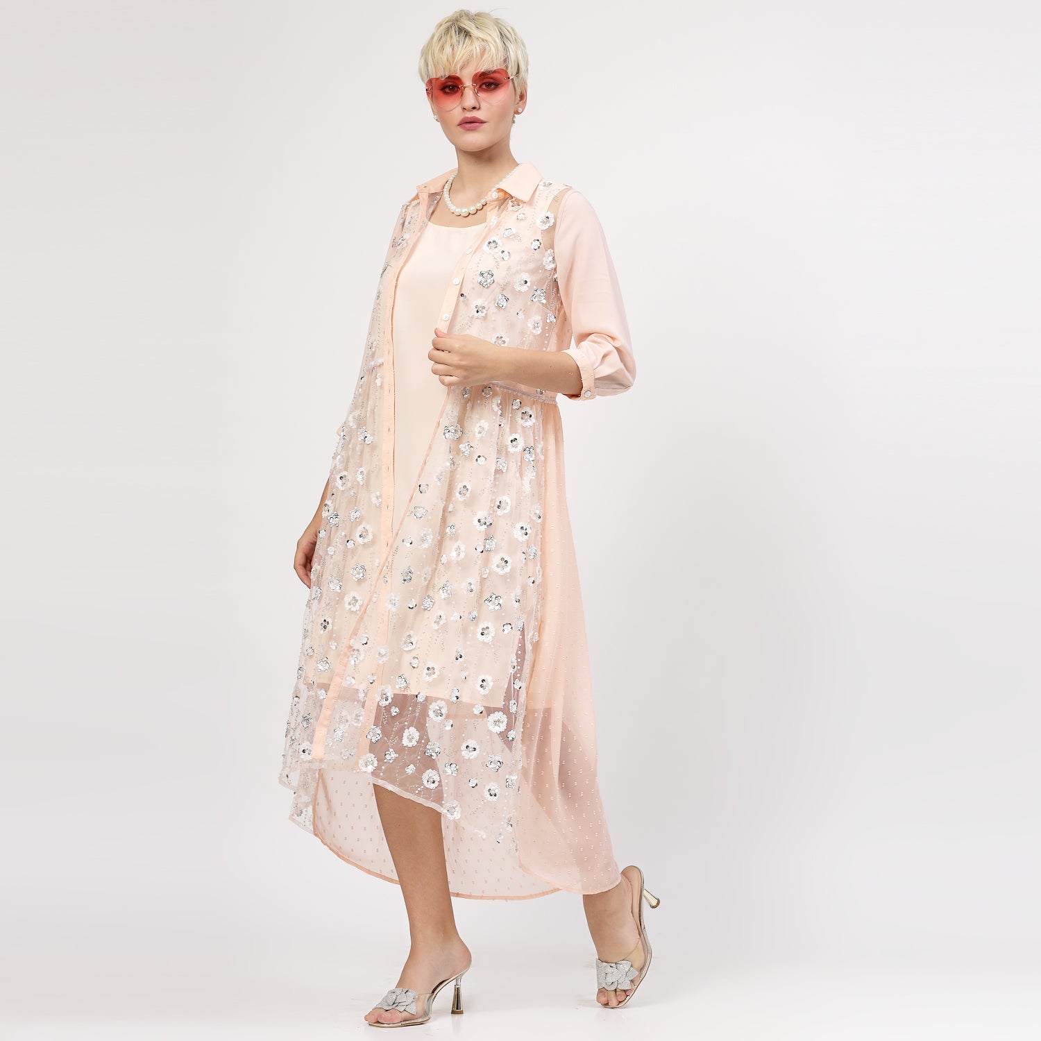 Peach Net Sequins Embroidery Tunic for Women