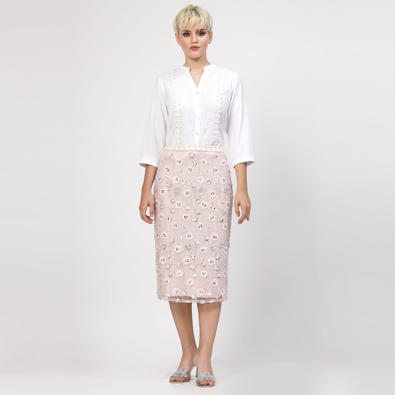 Buy Peach Net Sequins Skirt for Women-7