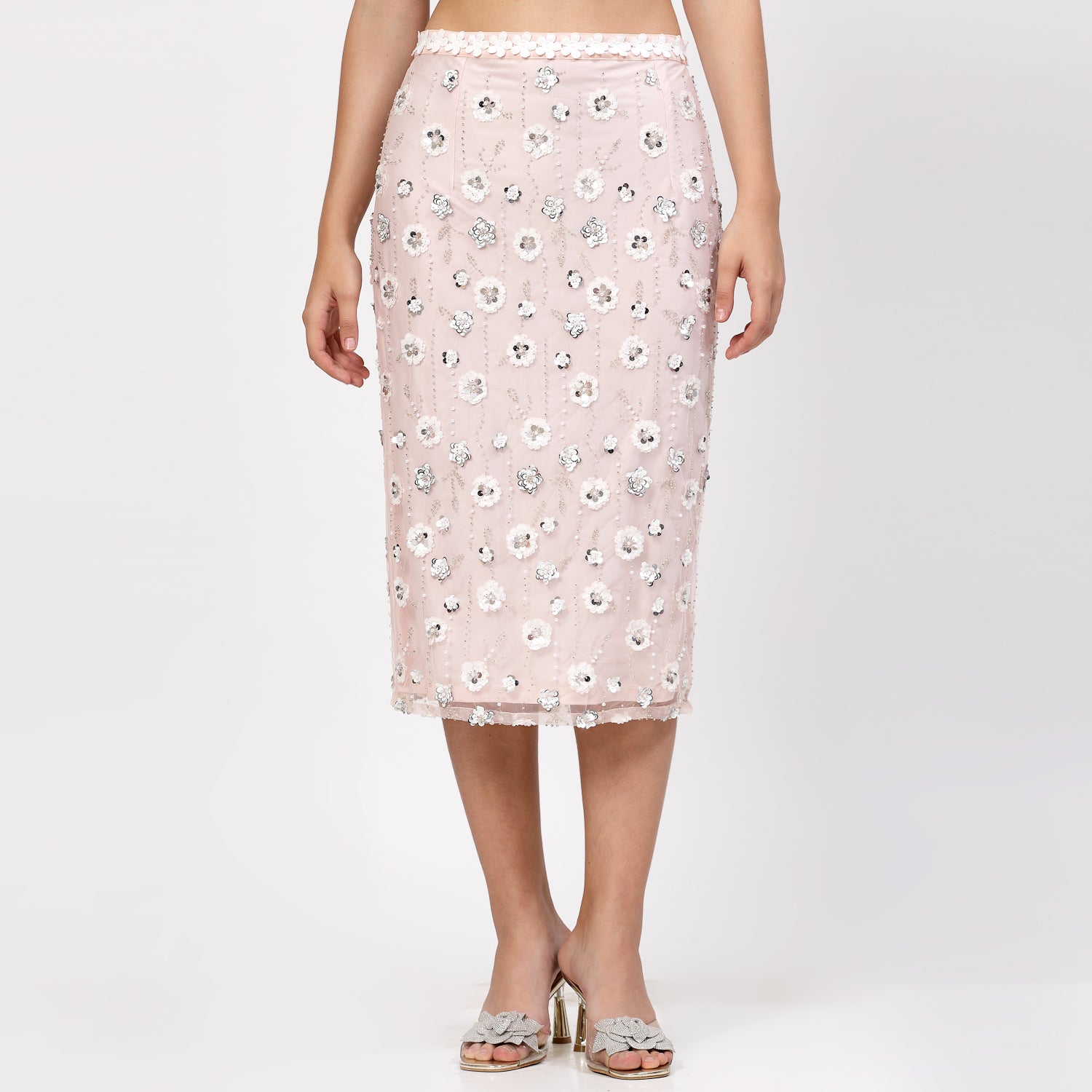 Buy Peach Net Sequins Skirt for Women-5