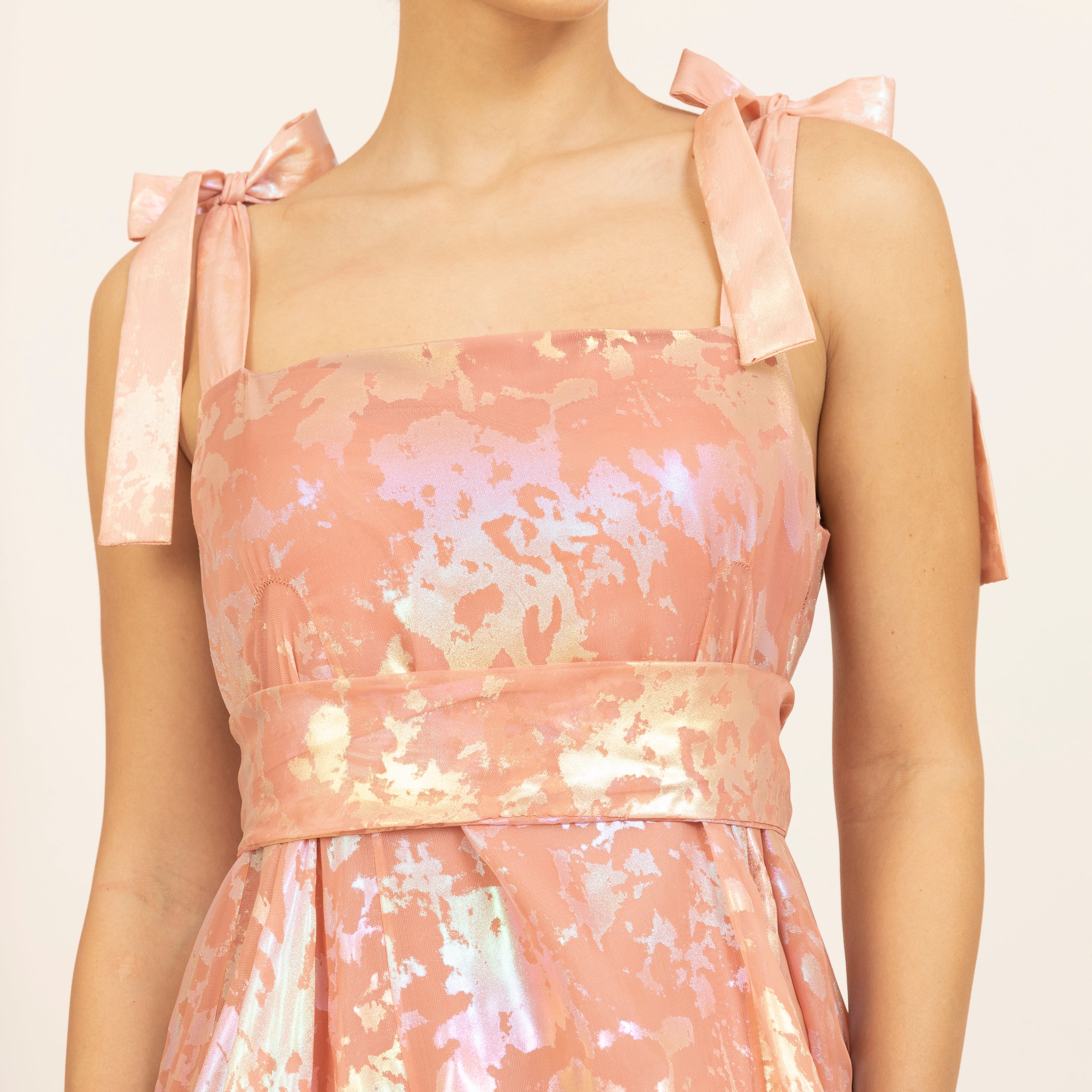 Peach Organza Holographic Without Sleeves Ruffle Dress, partywear dress, designs, color, women dress, dress, dress for women