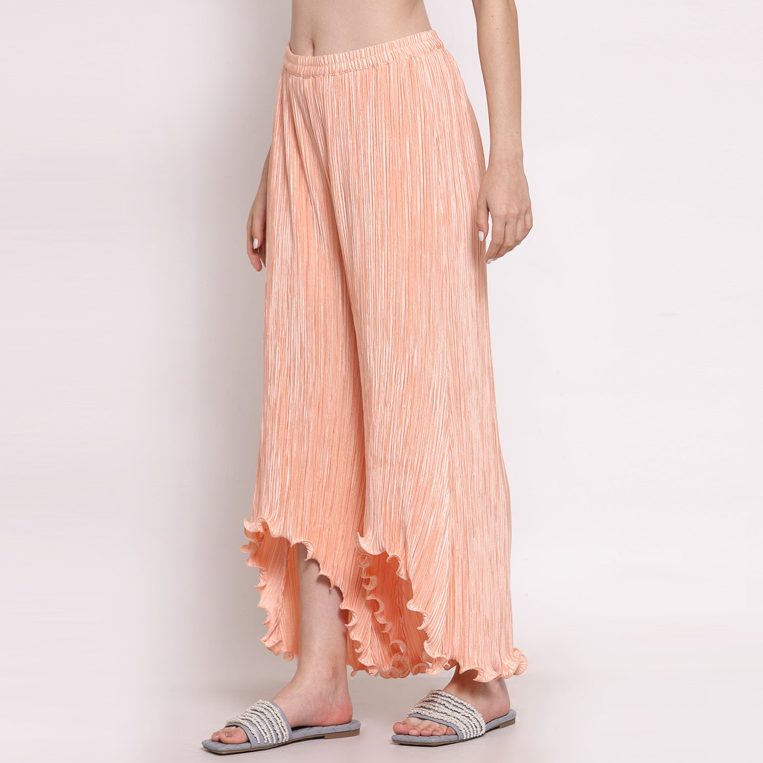 Peach Plisse Pant, Velvet Bell Bottom Pants , Stylish Women pants , Floral print palazzos