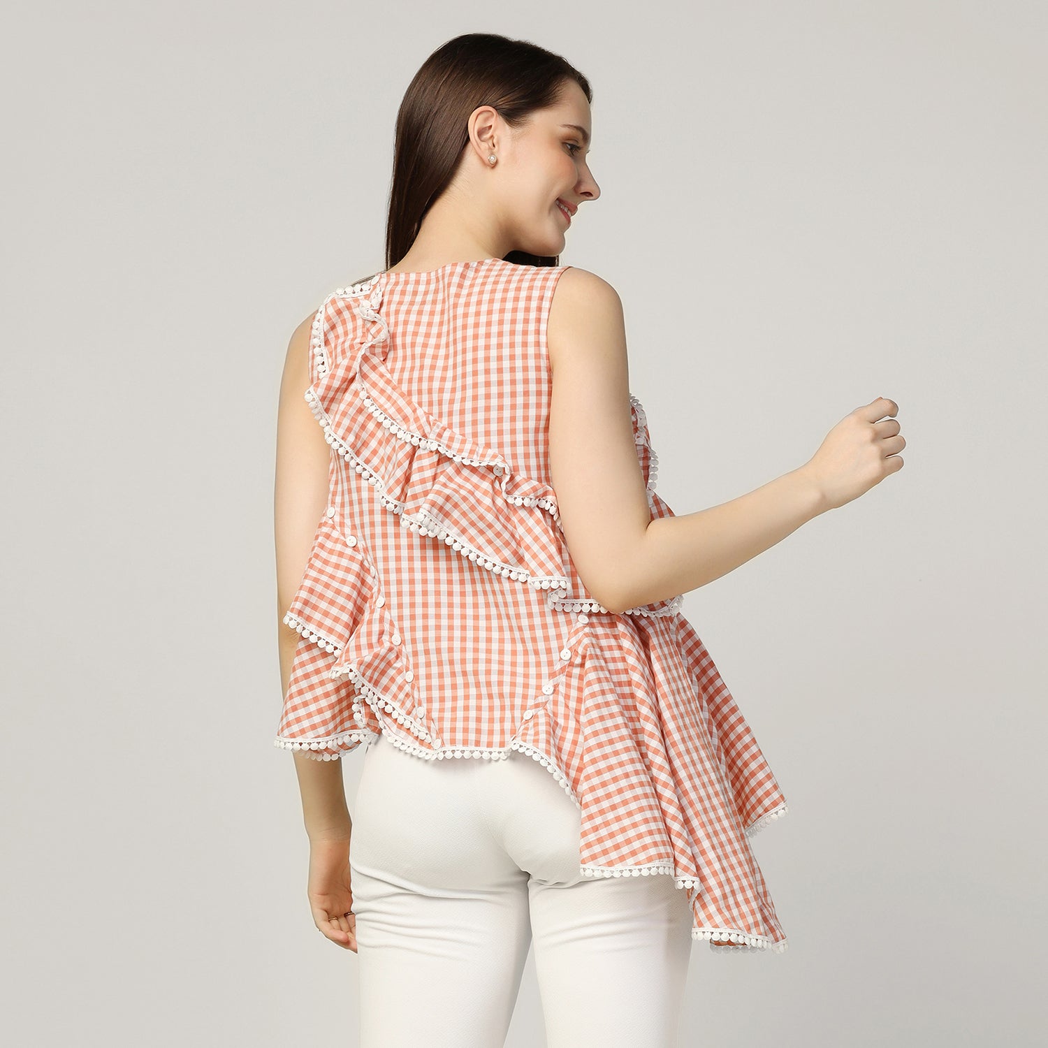 Peach Ruffle Asymmetrical Check Top, tops for women, crop top, crop tops for women, organza tops